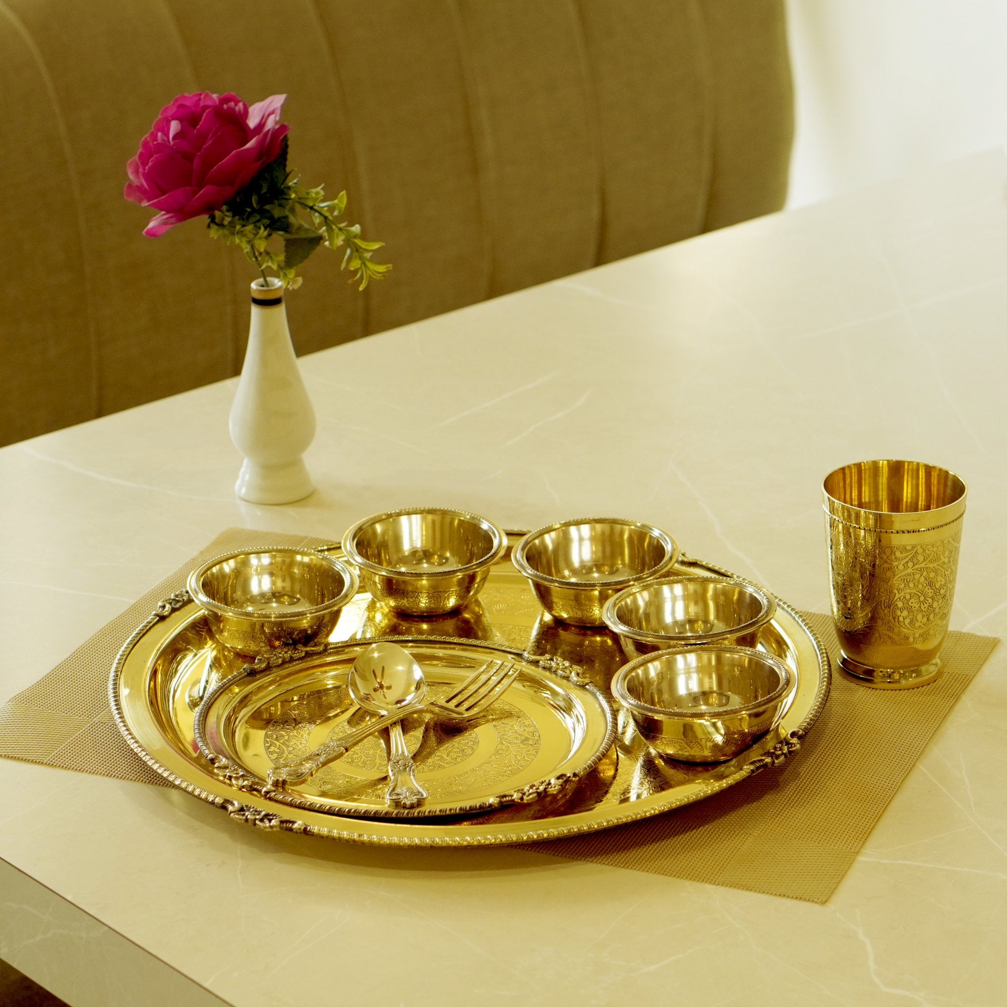 10 Pieces Brass Etched Dinner Set - Brass Globe -