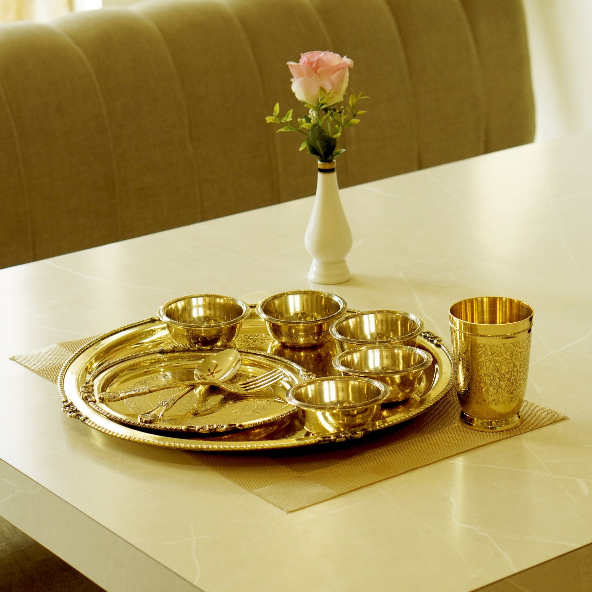 10 Pieces Brass Etched Dinner Set - Brass Globe -