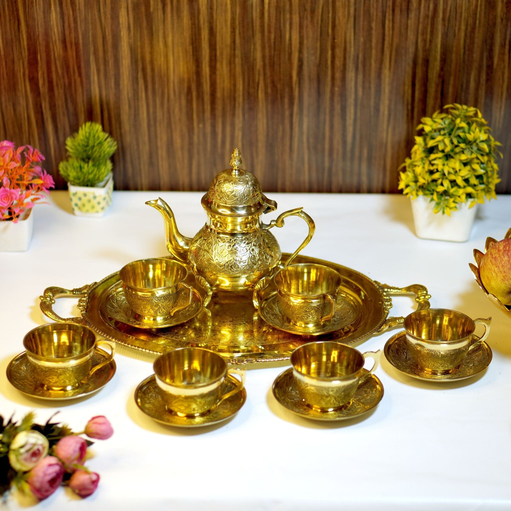 14 Pieces Brass Etched Tea Kettle Set - Brass Globe -