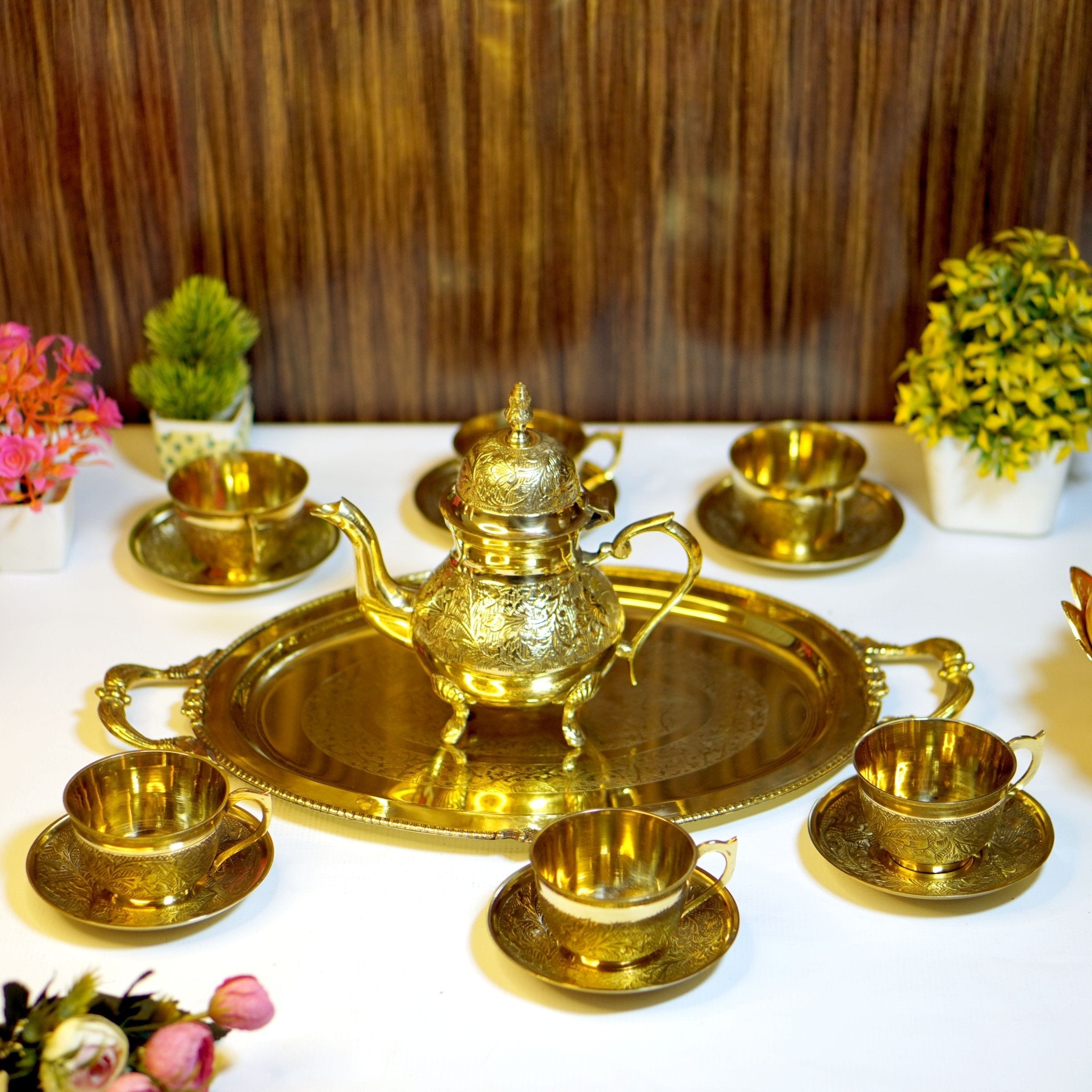 14 Pieces Brass Etched Tea Kettle Set - Brass Globe -