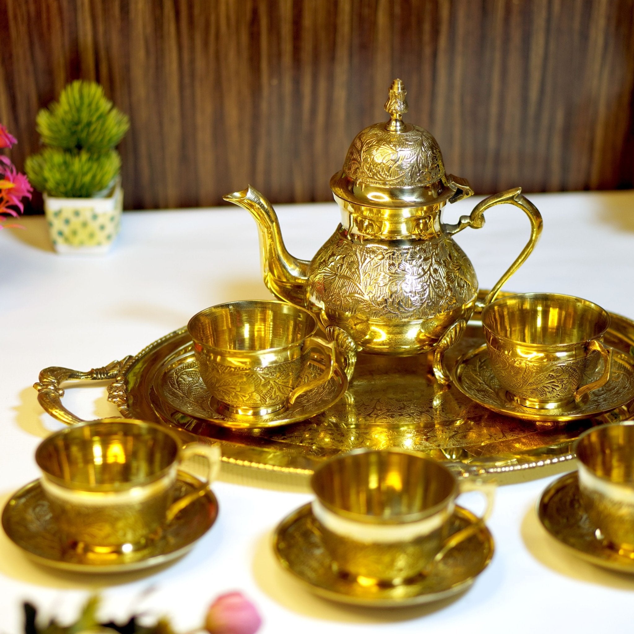 14 Pieces Brass Etched Tea Kettle Set - Brass Globe -