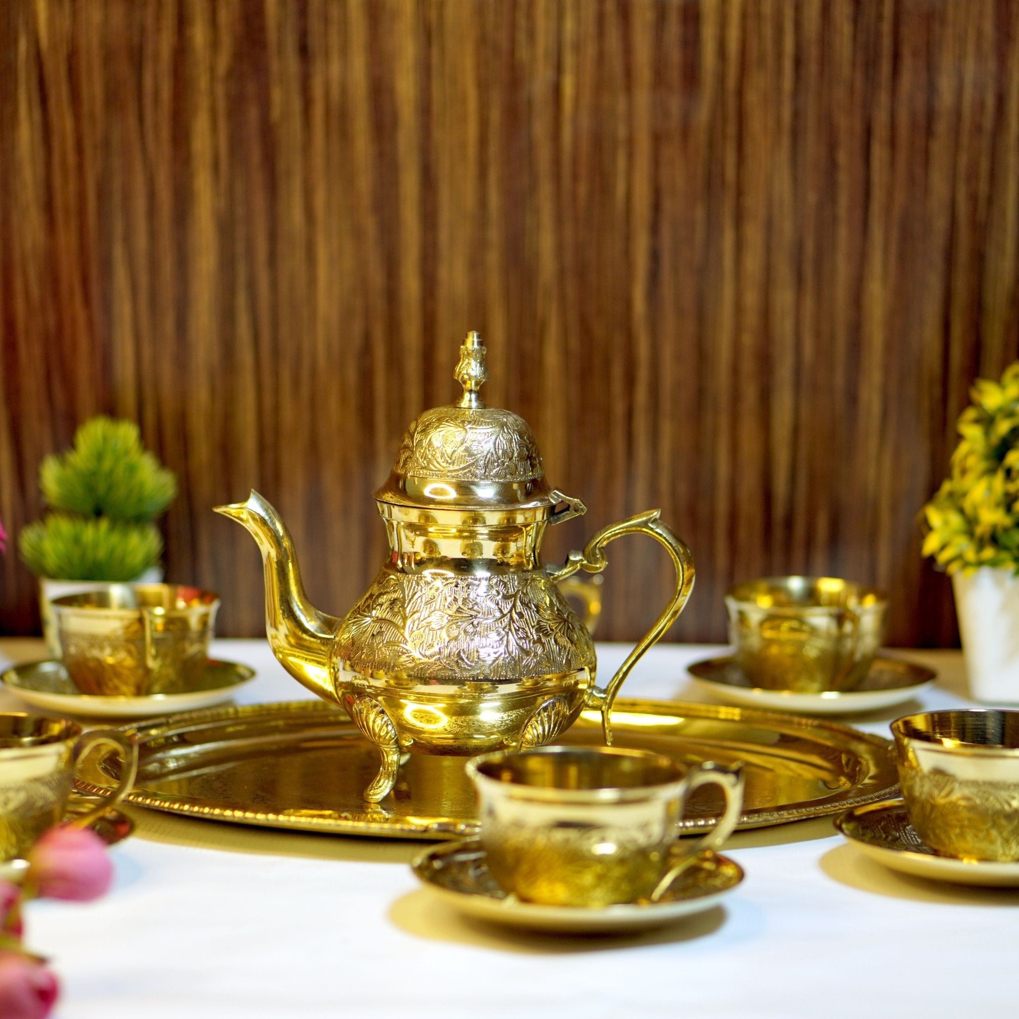 14 Pieces Brass Etched Tea Kettle Set - Brass Globe -