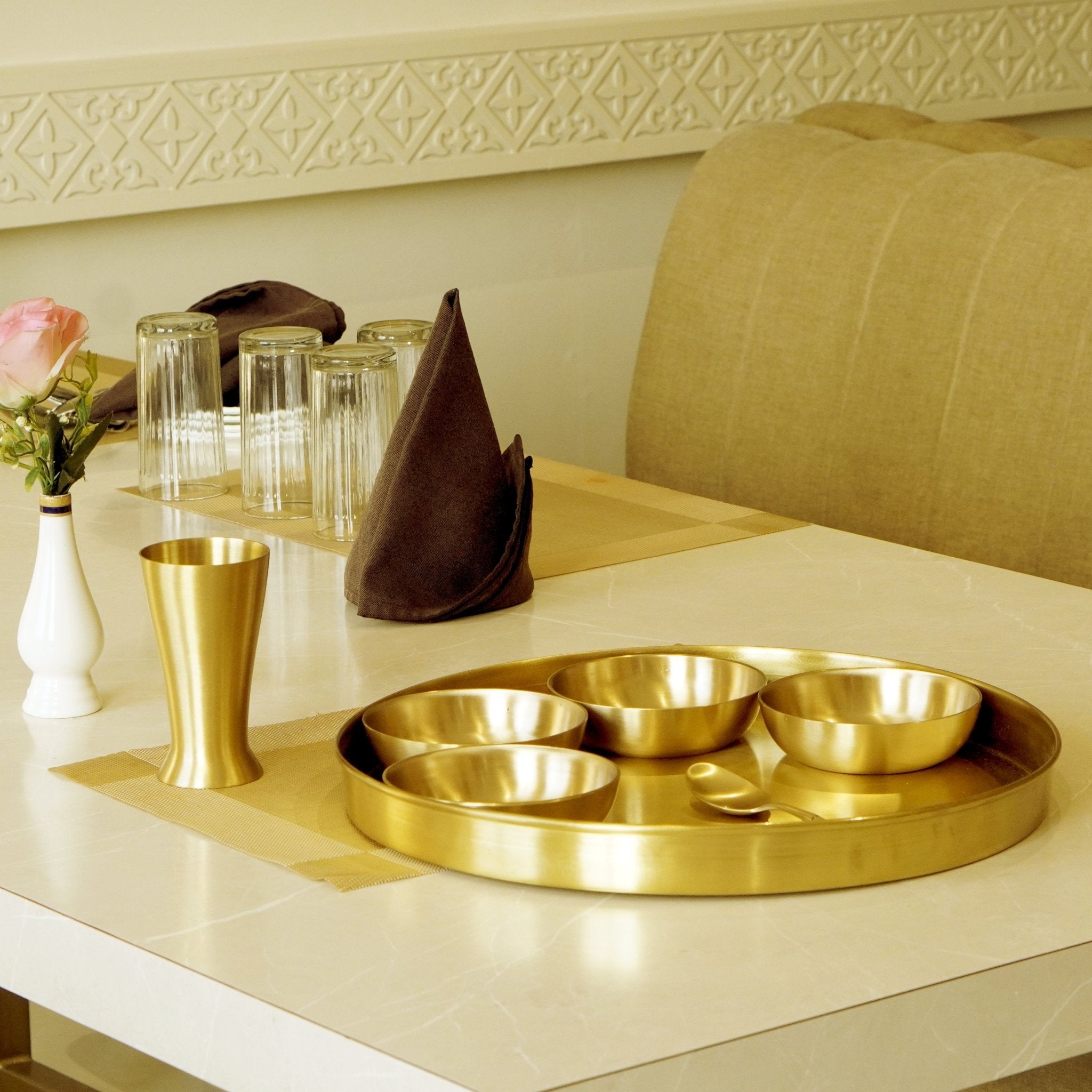 7 Pieces Brass Gujarati Thali Set Matte Finish - Brass Globe -