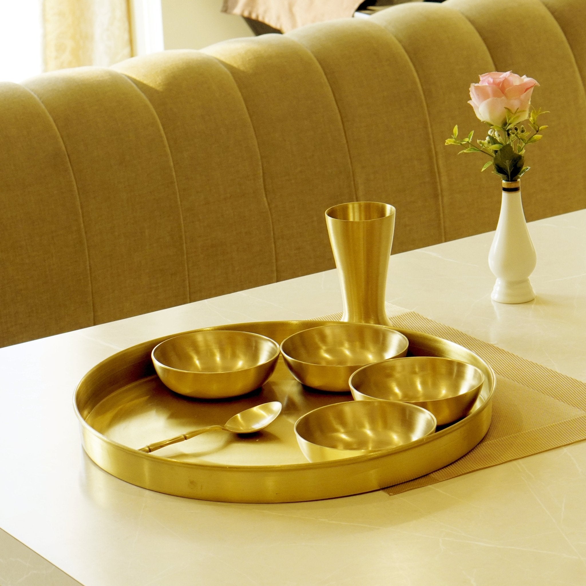 7 Pieces Brass Gujarati Thali Set Matte Finish - Brass Globe -