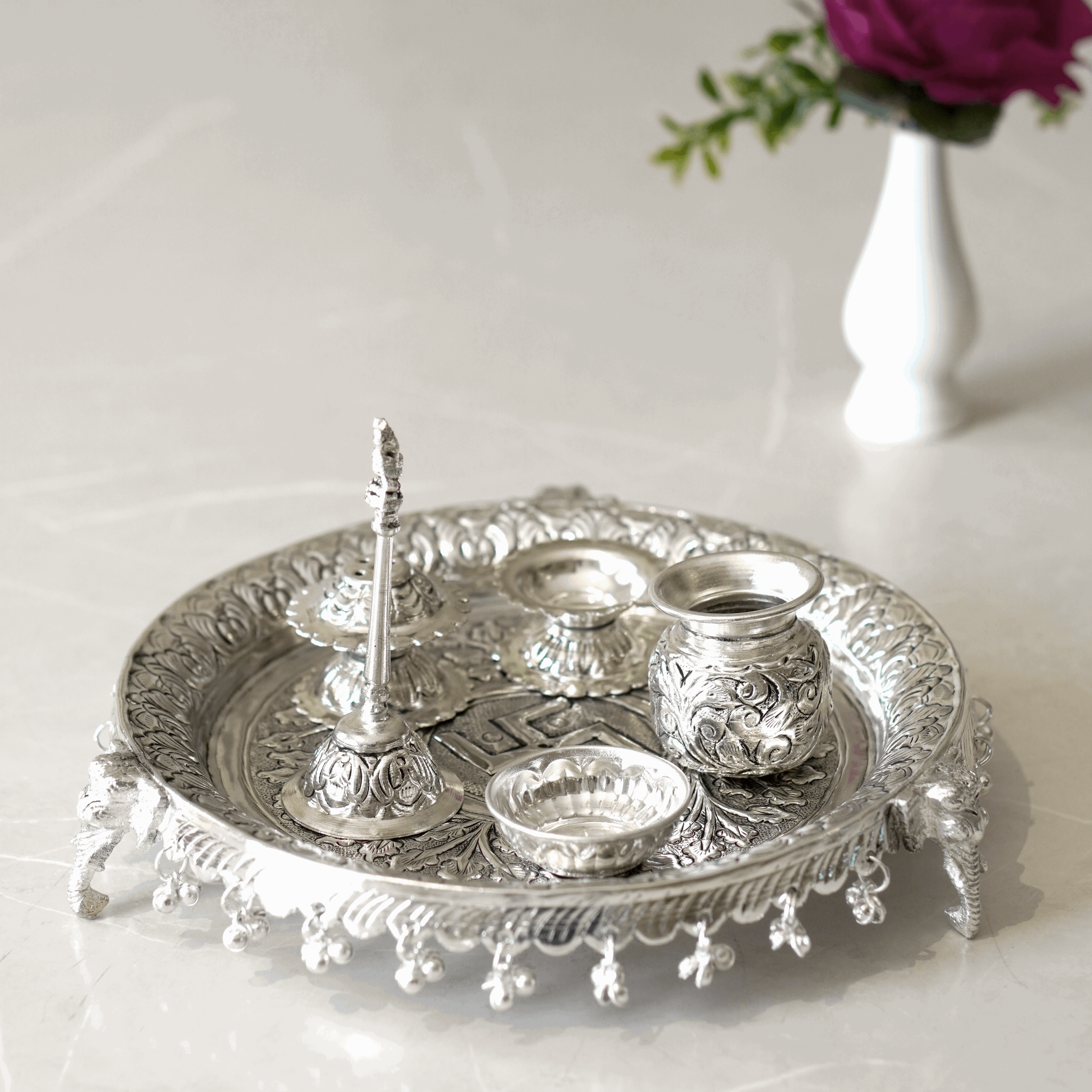 Brass Ghungroo Pooja Set With Silver Finish
