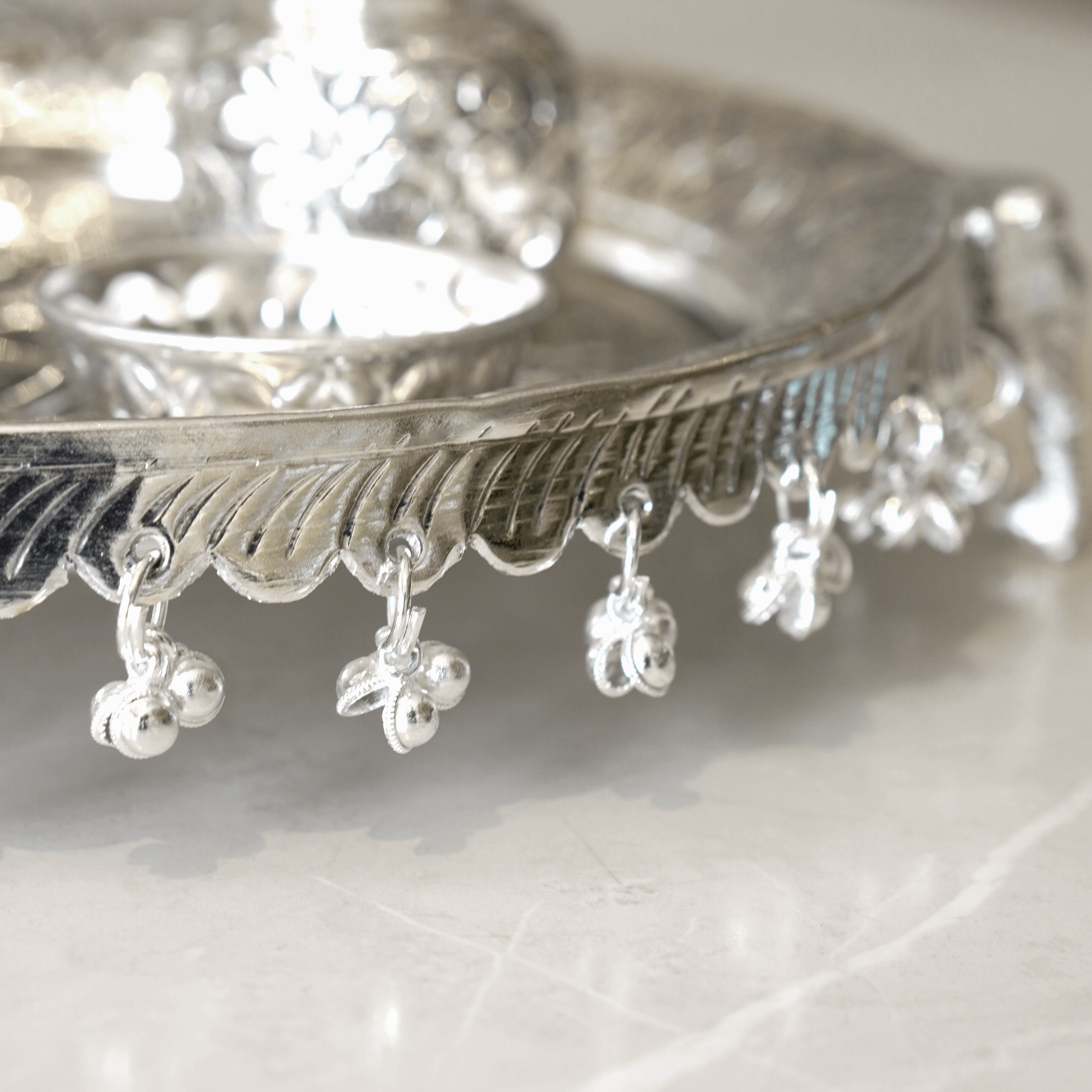 Brass Ghungroo Pooja Set With Silver Finish