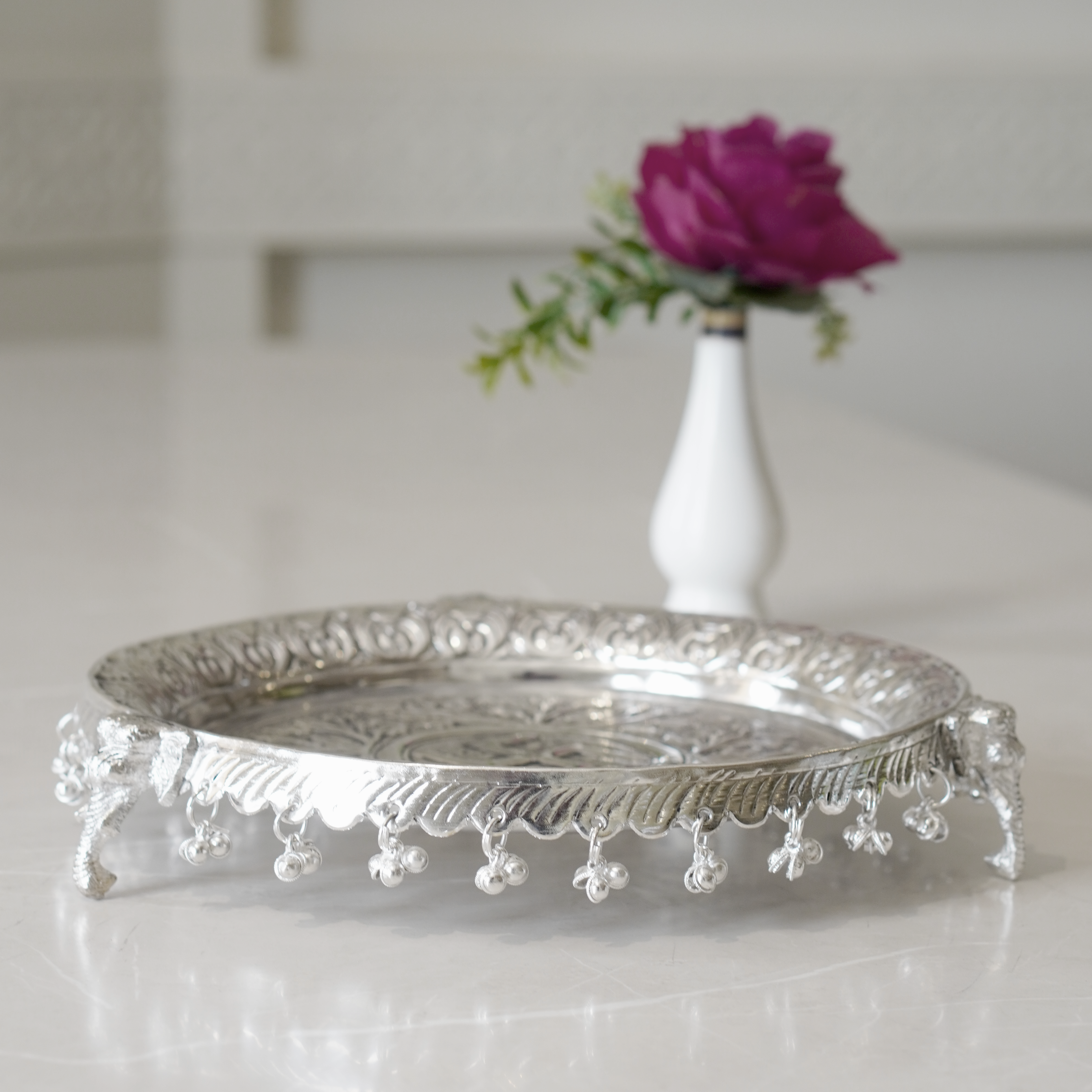 Brass Ghungroo Pooja Set With Silver Finish