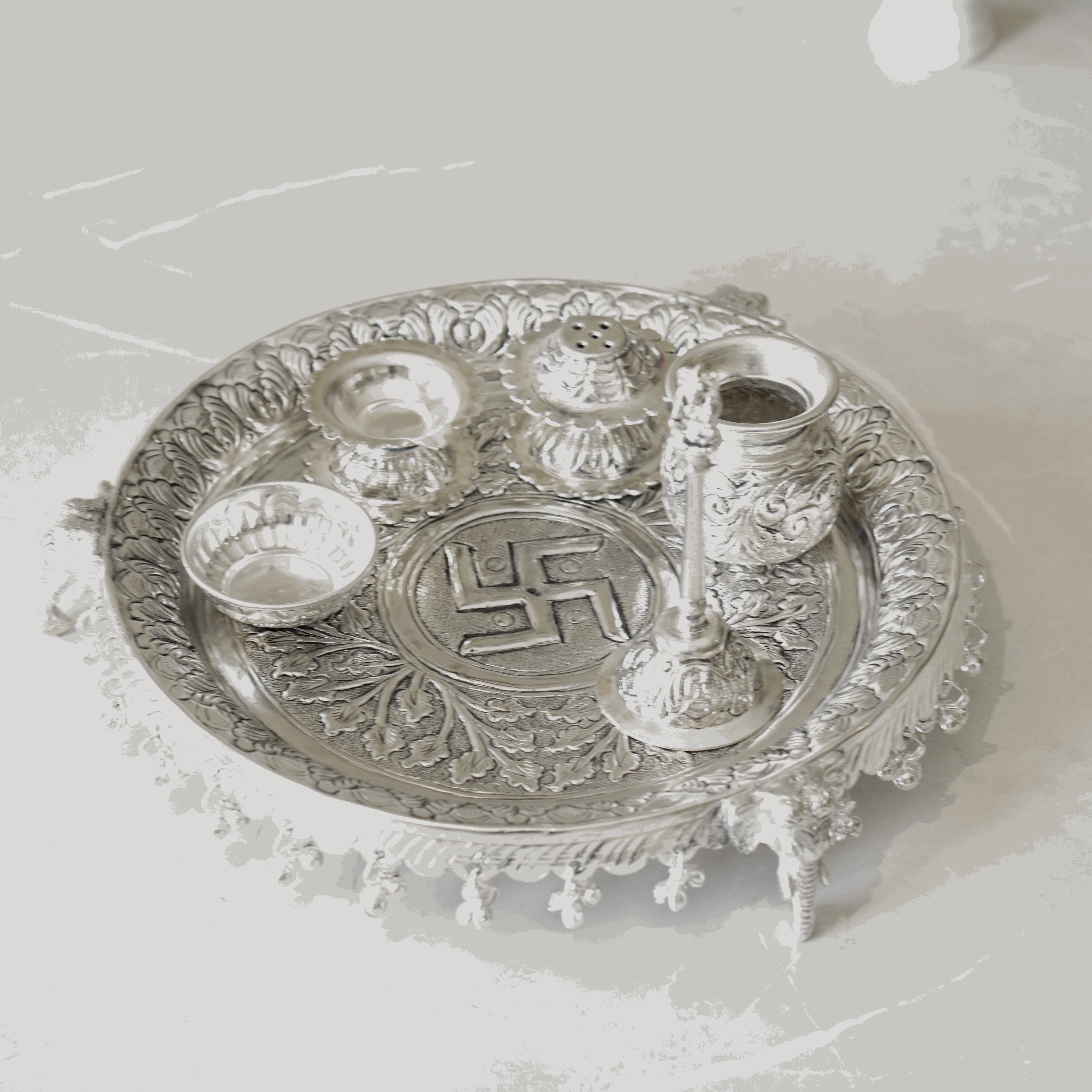 Brass Ghungroo Pooja Set With Silver Finish
