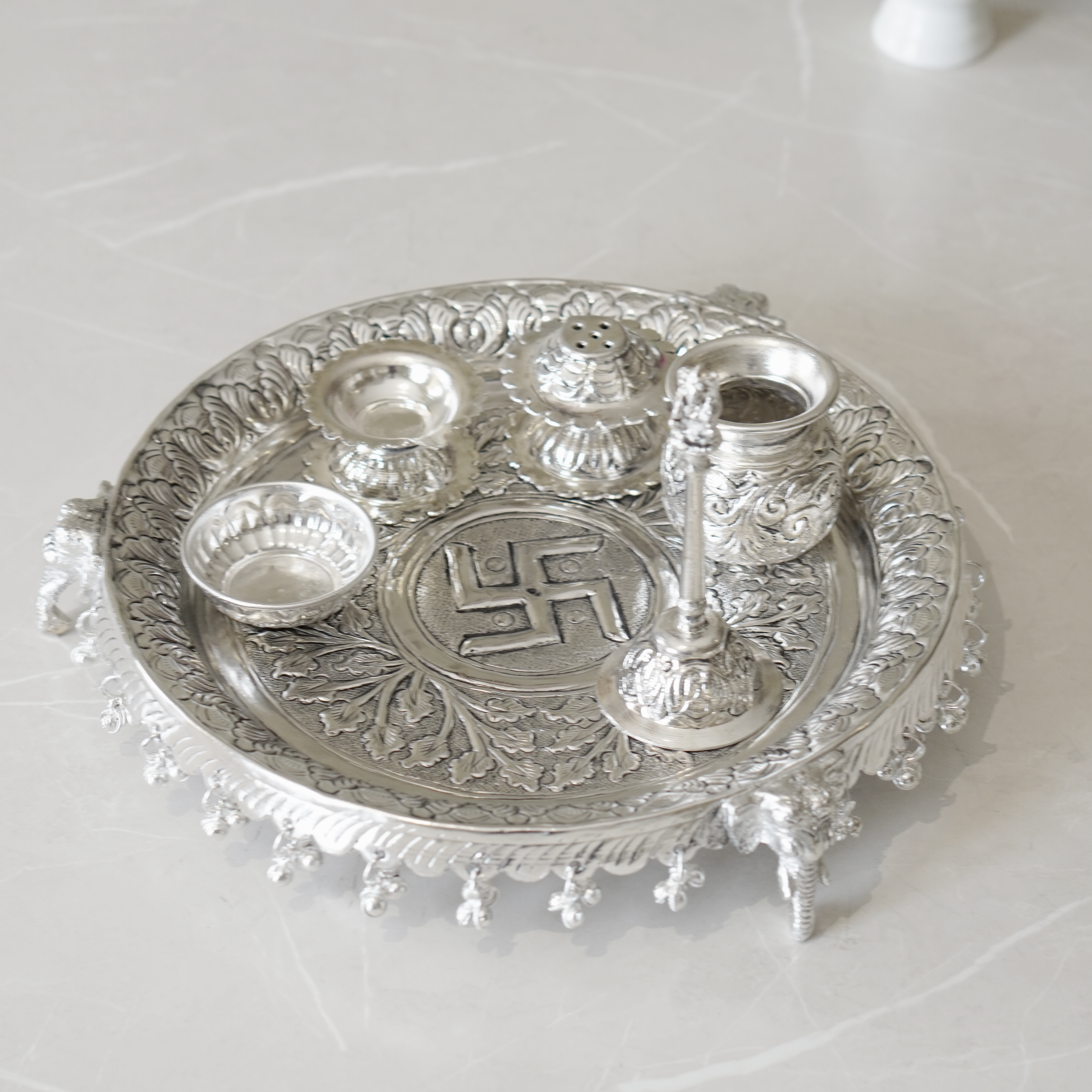 Brass Ghungroo Pooja Set With Silver Finish