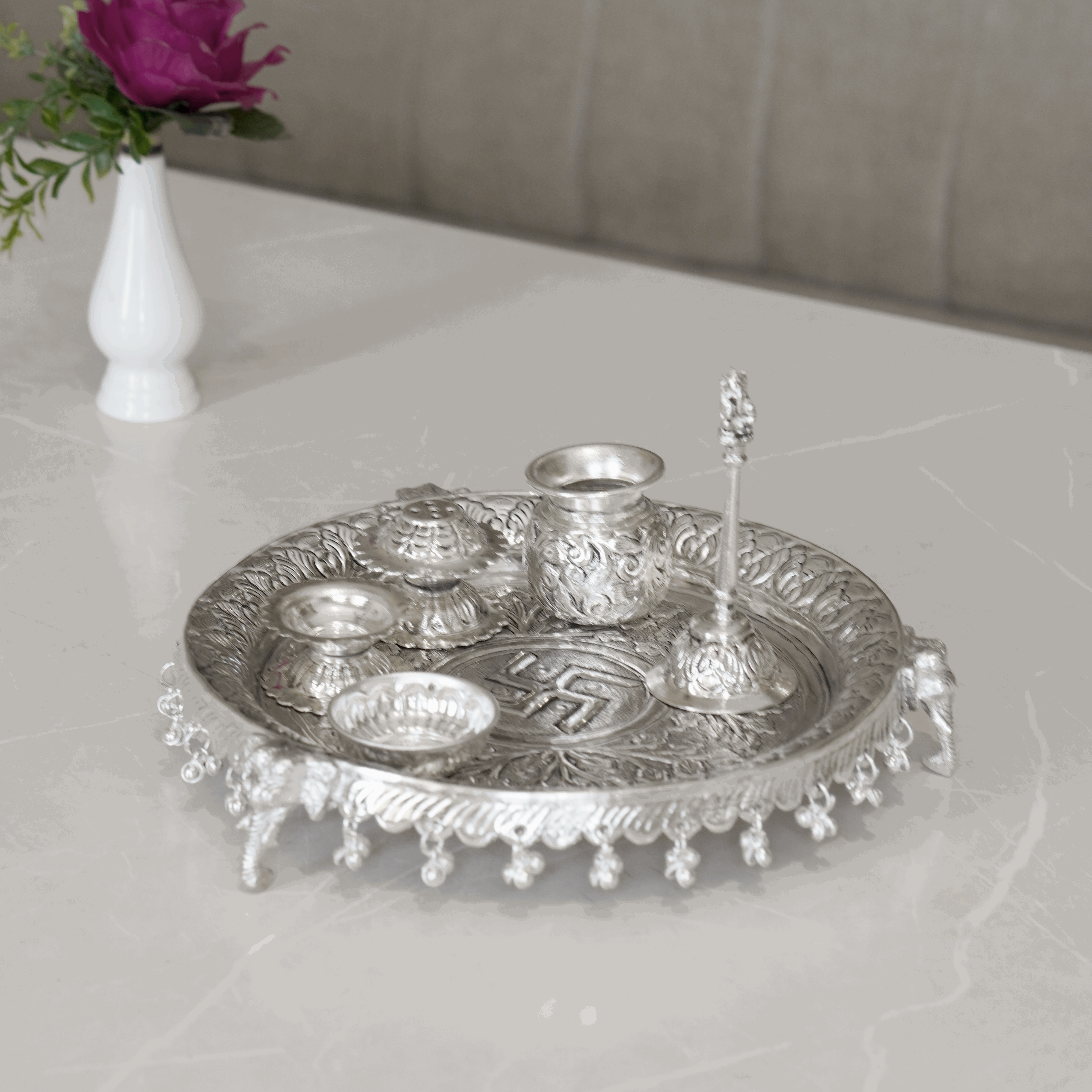 Brass Ghungroo Pooja Set With Silver Finish
