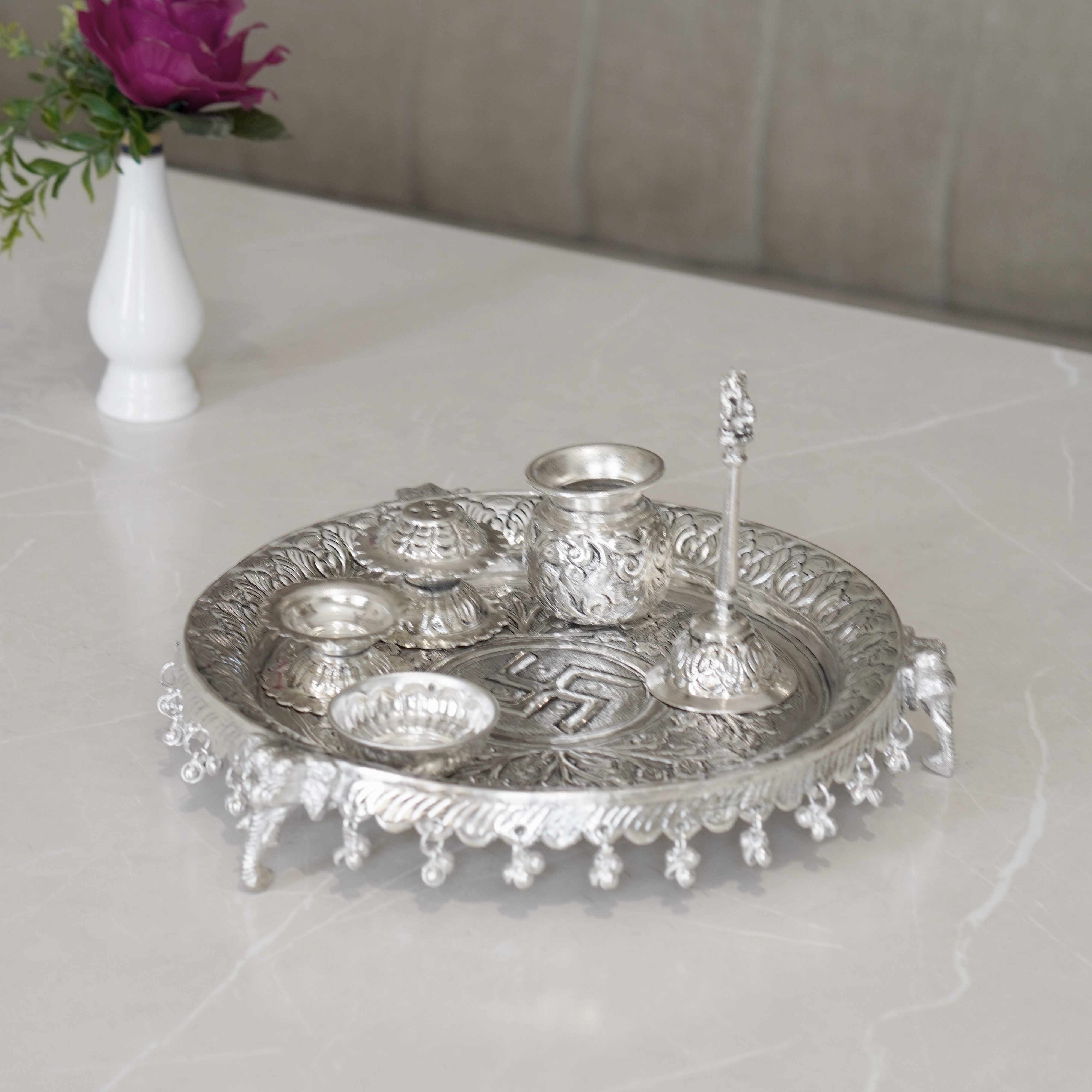 Brass Ghungroo Pooja Set With Silver Finish