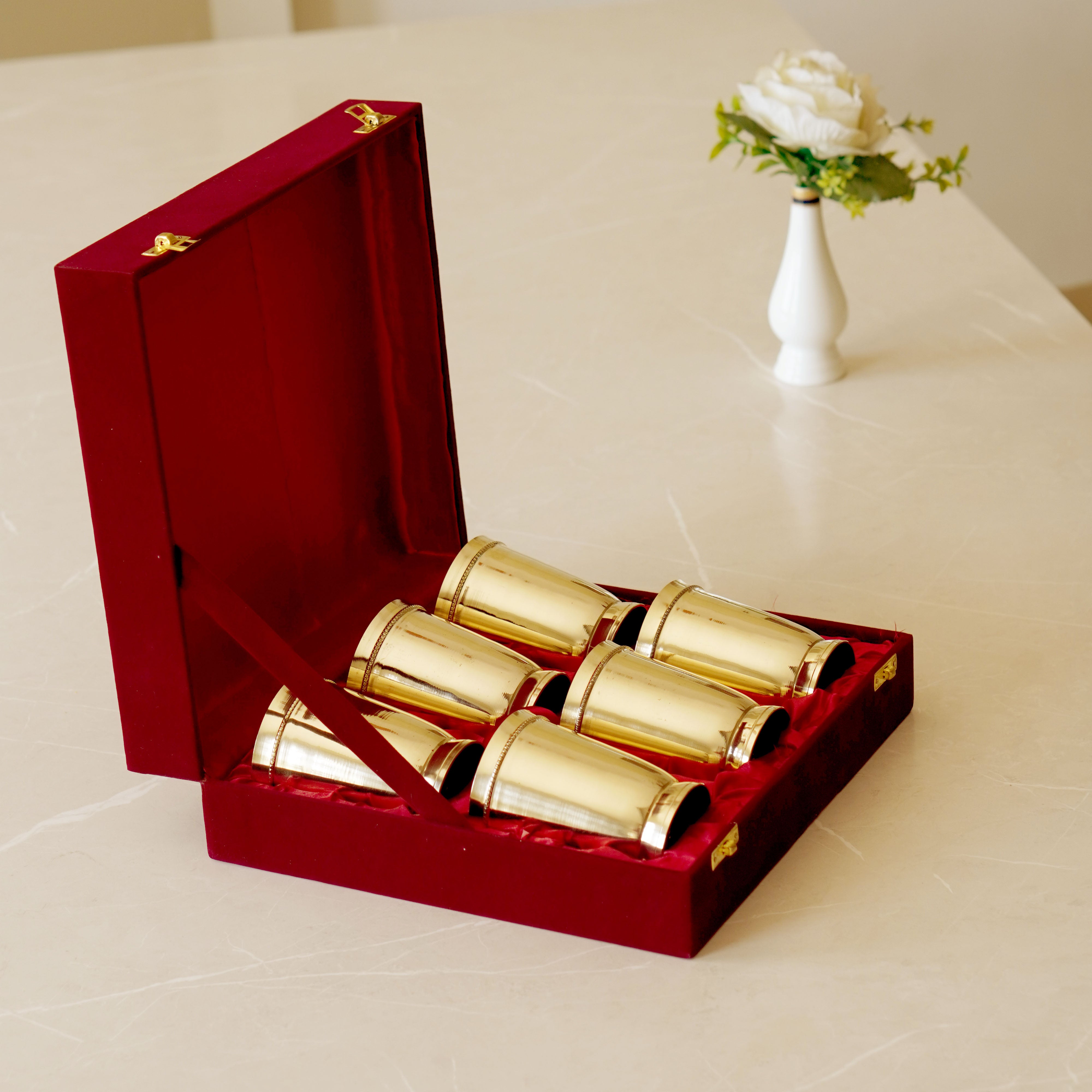 6 Pieces Brass Glasses Set with Velvet Box