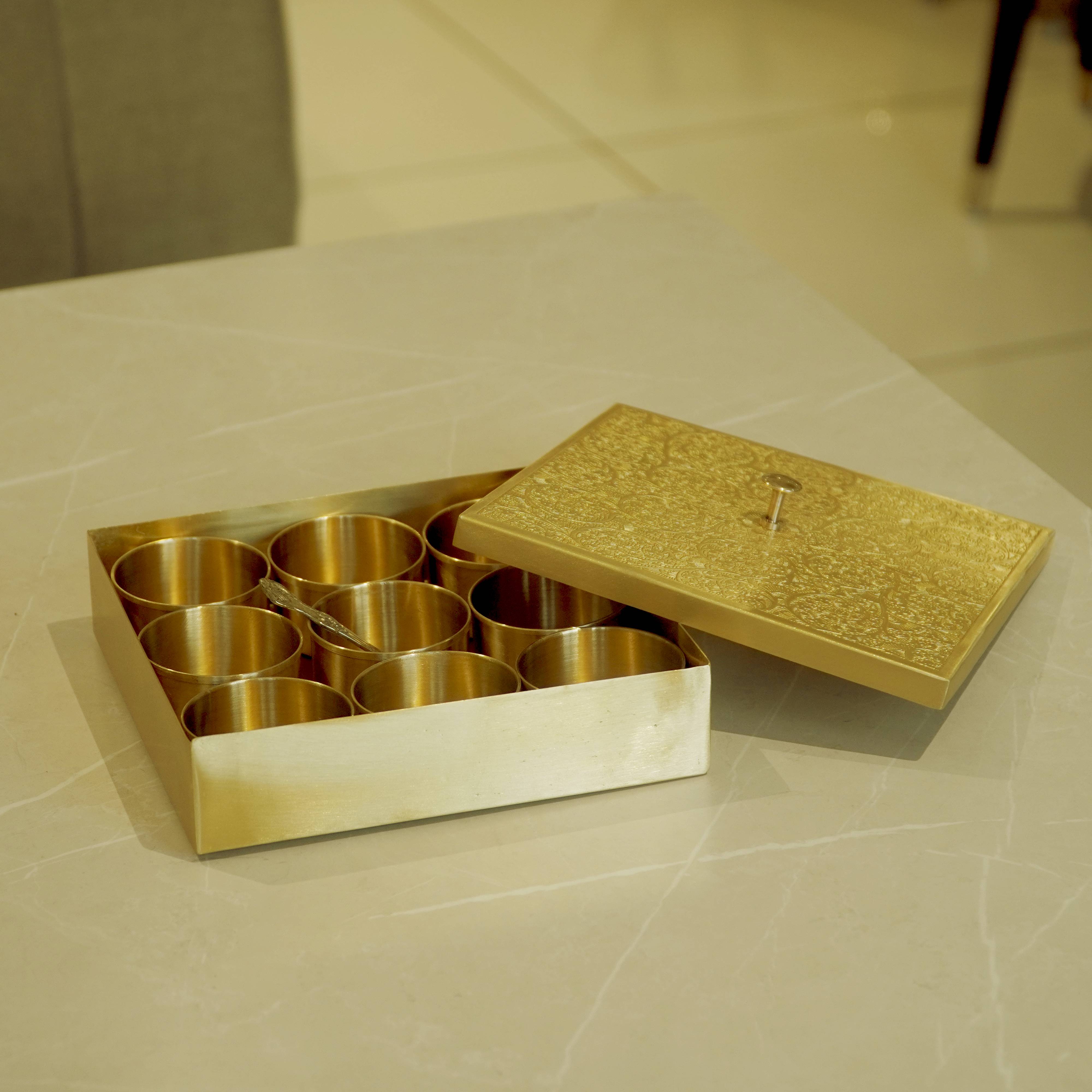 Brass Square Spice Box Matte Finish / Masaladani / Masala box 12 Pieces