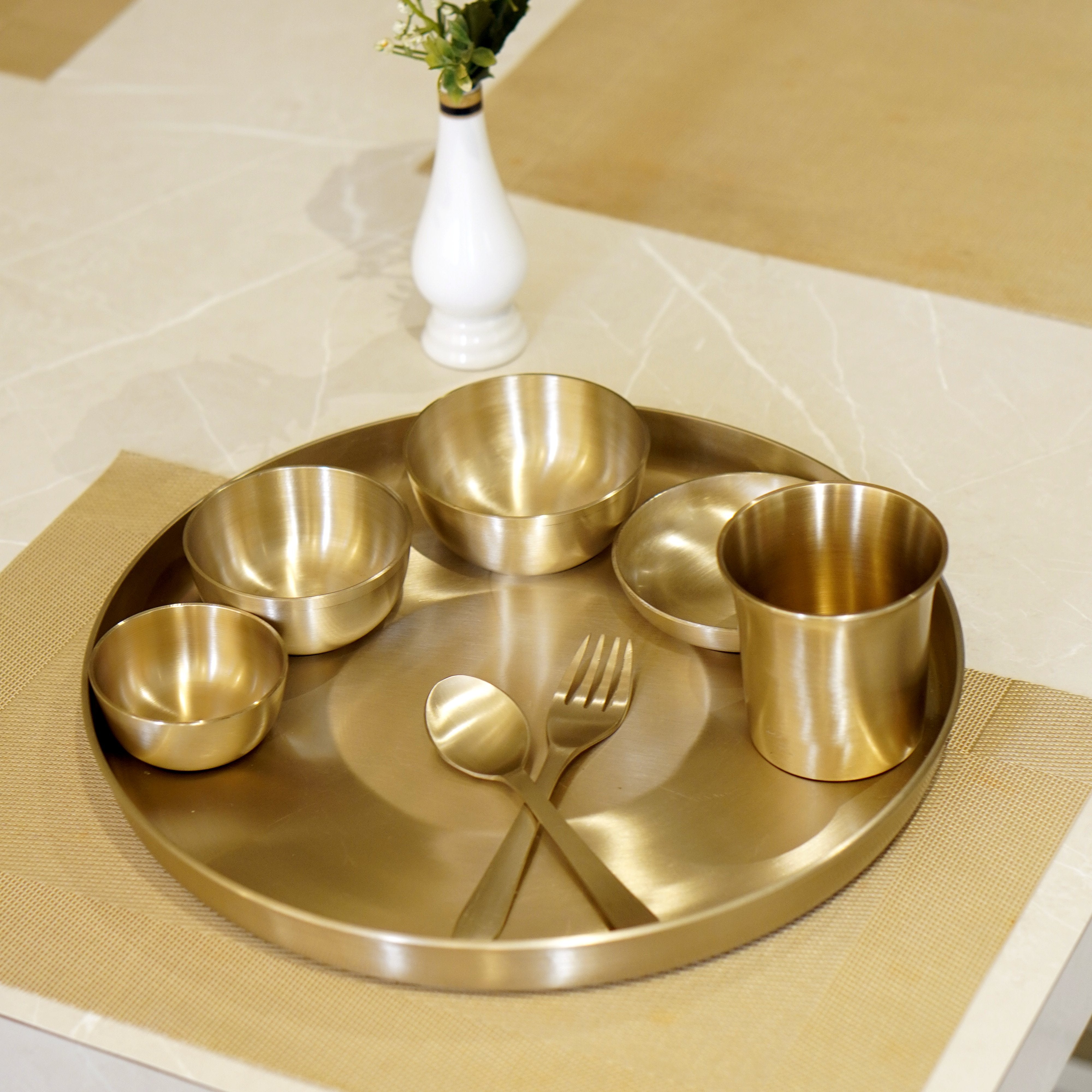 Bronze / Kansa Dinner Set With Matt Finished | Thali, Bowl, Spoon and Glass