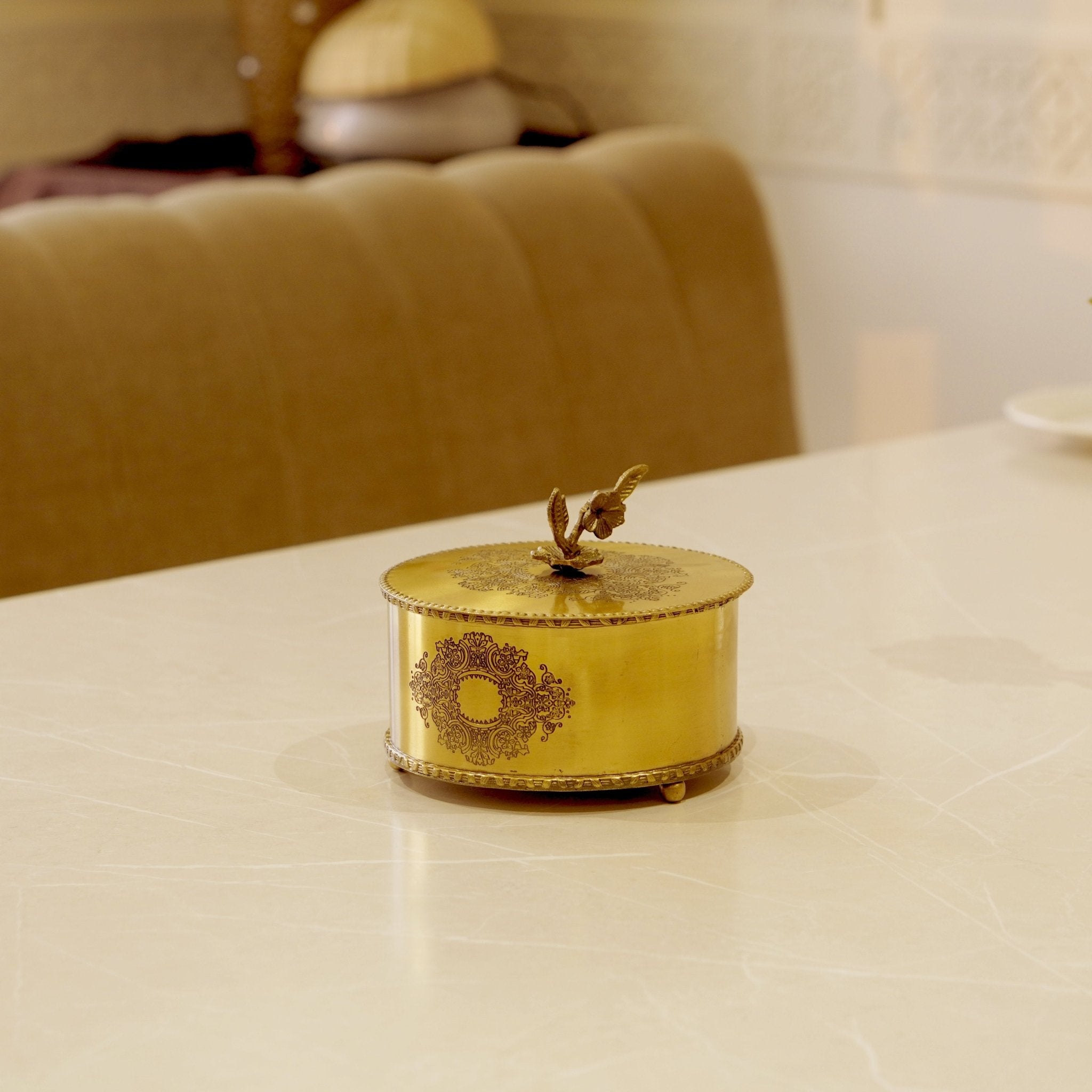 Brass Antique Storage Box with Flower Handle - Brass Globe -