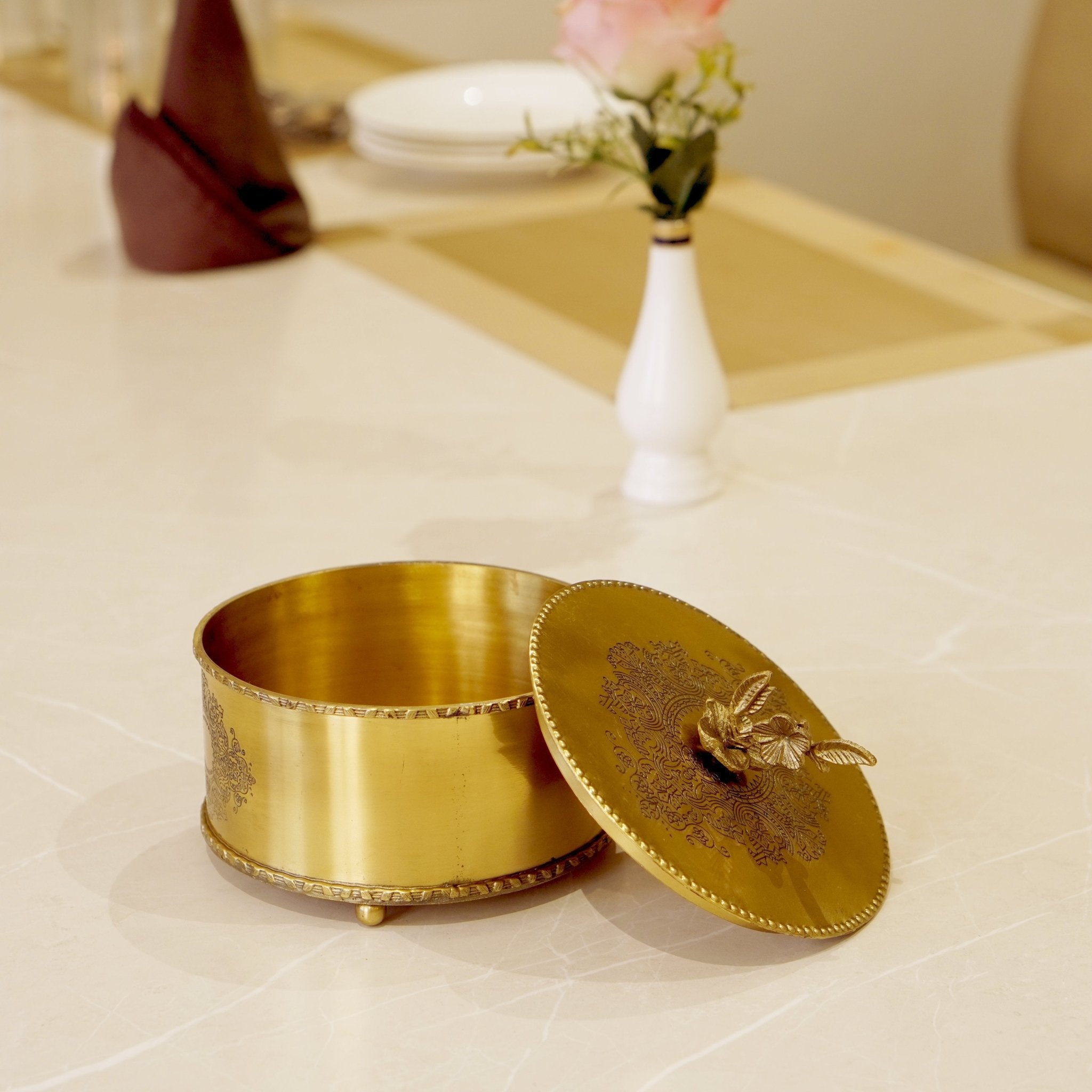 Brass Antique Storage Box with Flower Handle - Brass Globe -