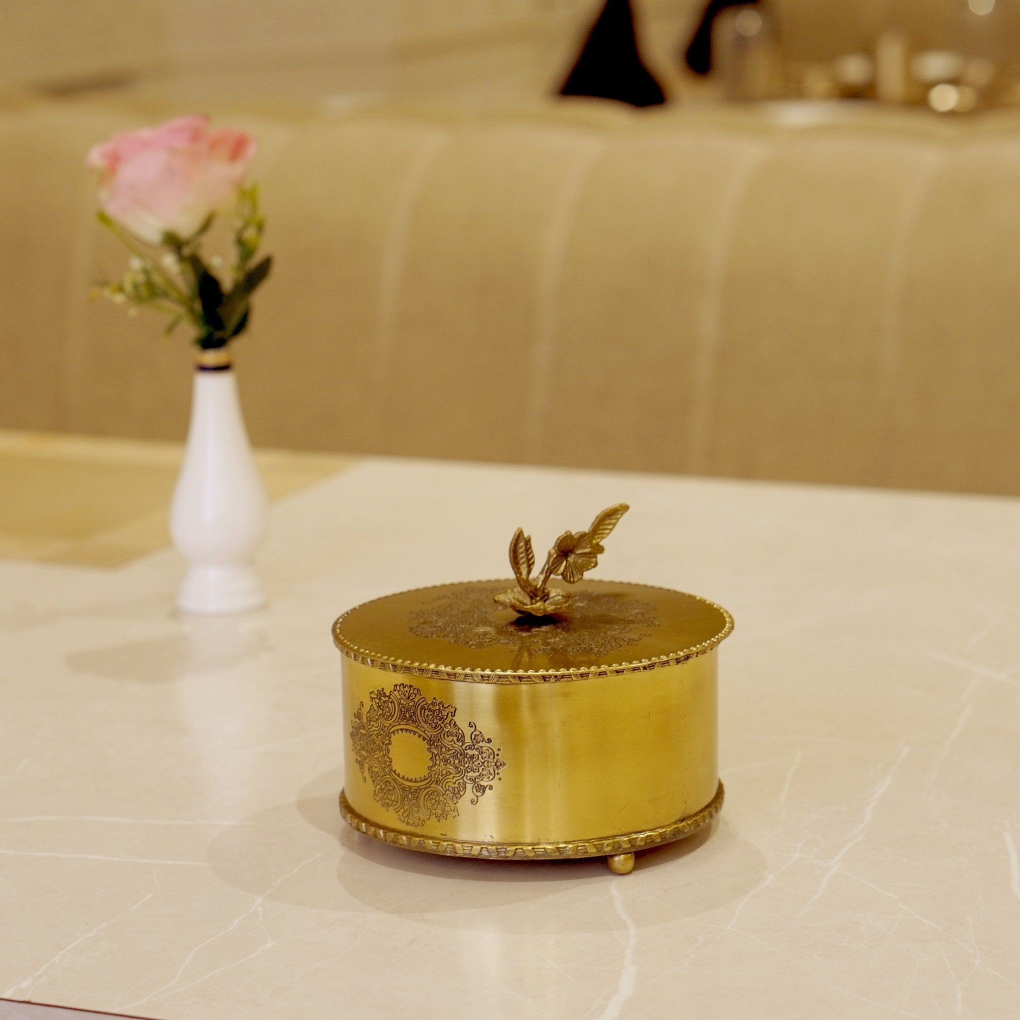 Brass Antique Storage Box with Flower Handle - Brass Globe -