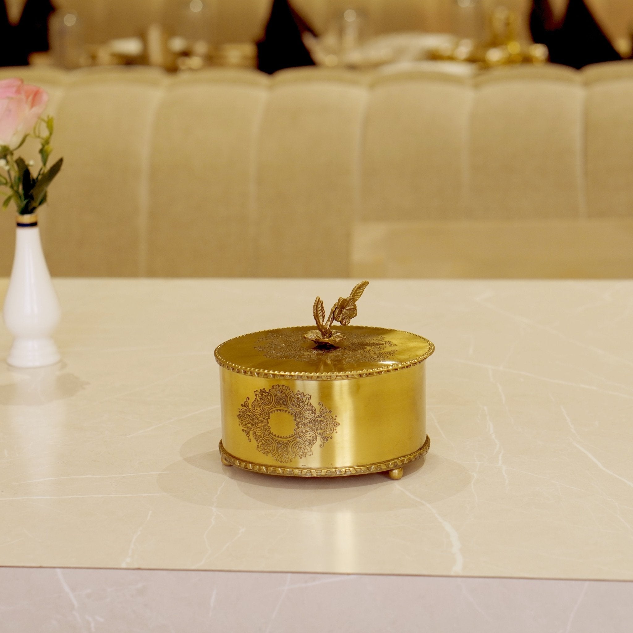 Brass Antique Storage Box with Flower Handle - Brass Globe -