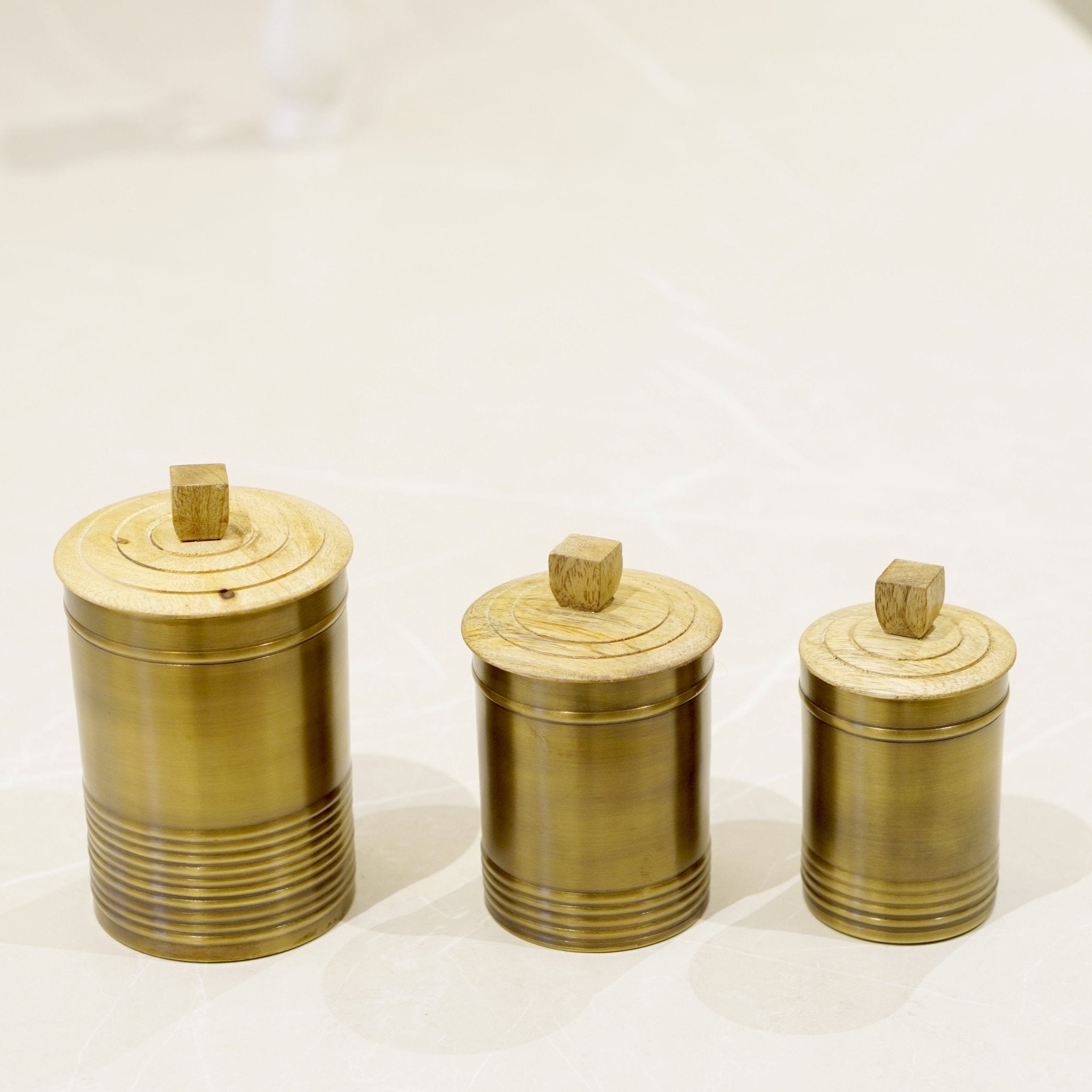 Brass Cannisters with wooden lid - Brass Globe -