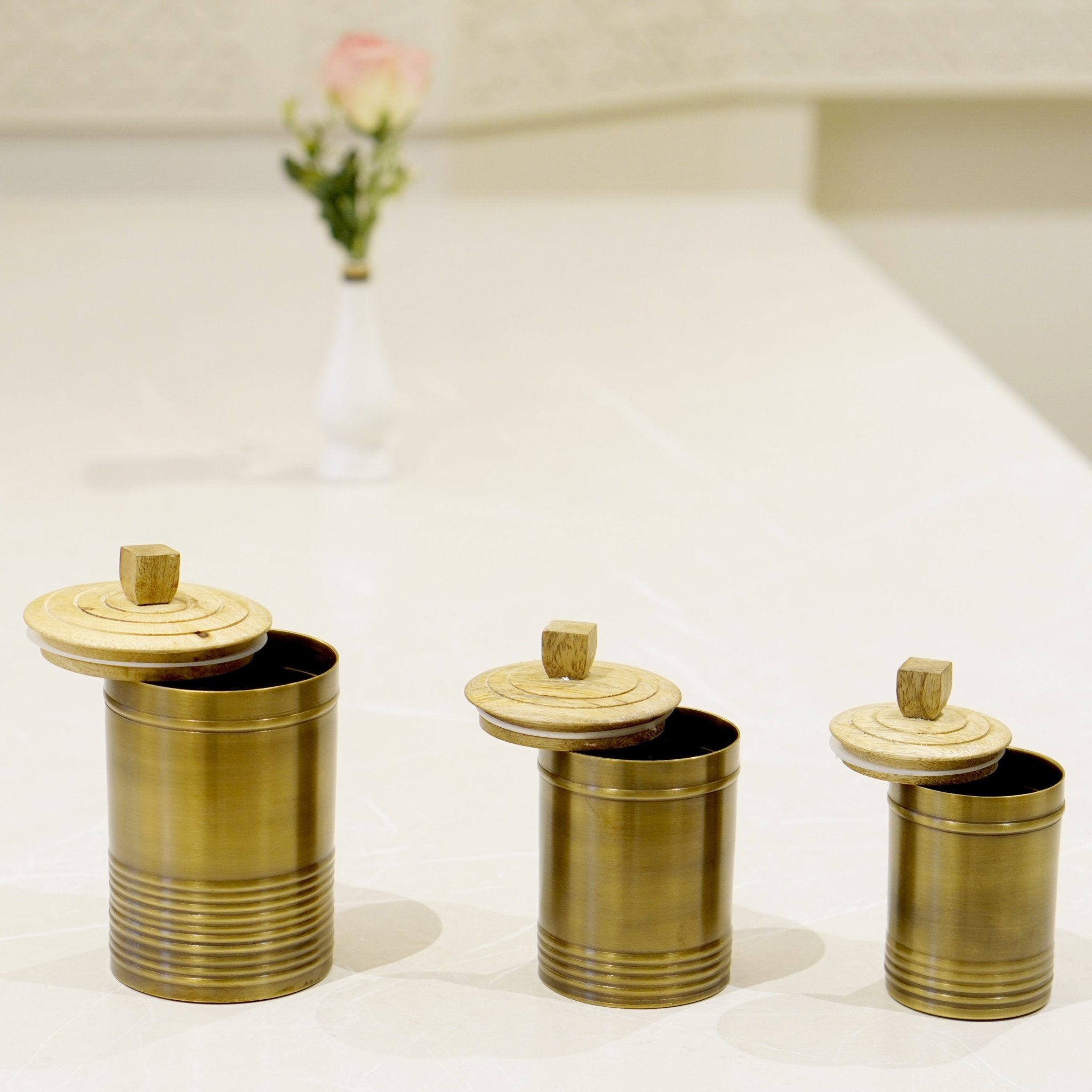 Brass Cannisters with wooden lid - Brass Globe -