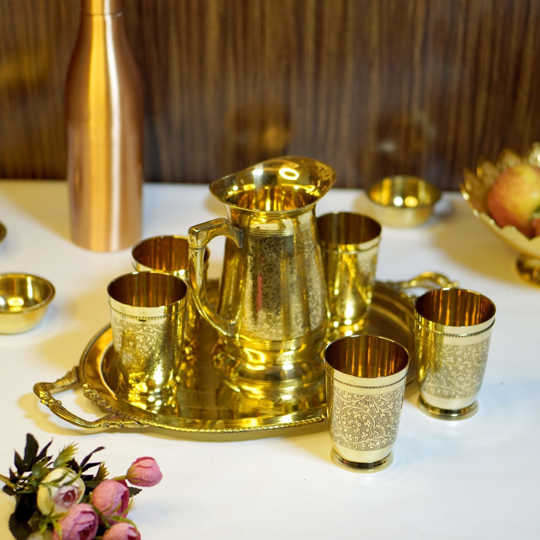 Brass Lemonade / Juice Jug with 6 Glasses and Tray - Brass Globe -