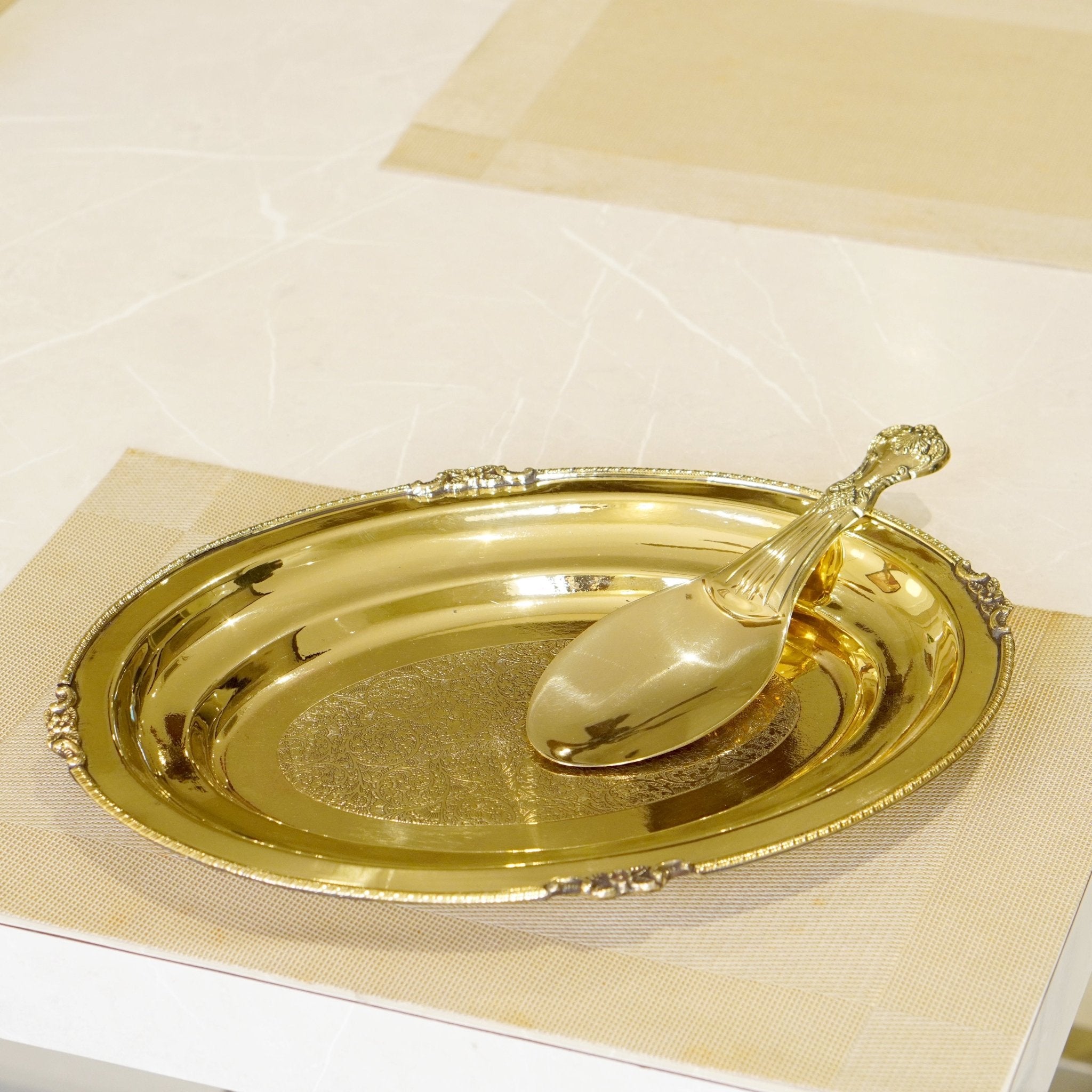 Brass Rice Plate with Rice Serving Spoon - Brass Globe -
