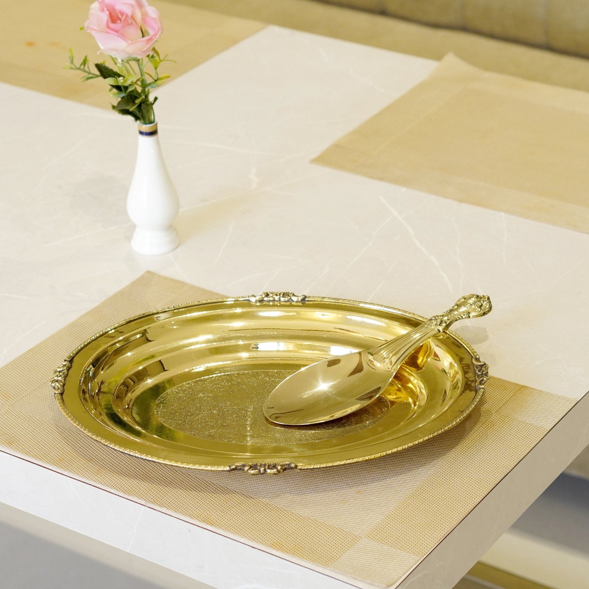 Brass Rice Plate with Rice Serving Spoon - Brass Globe -