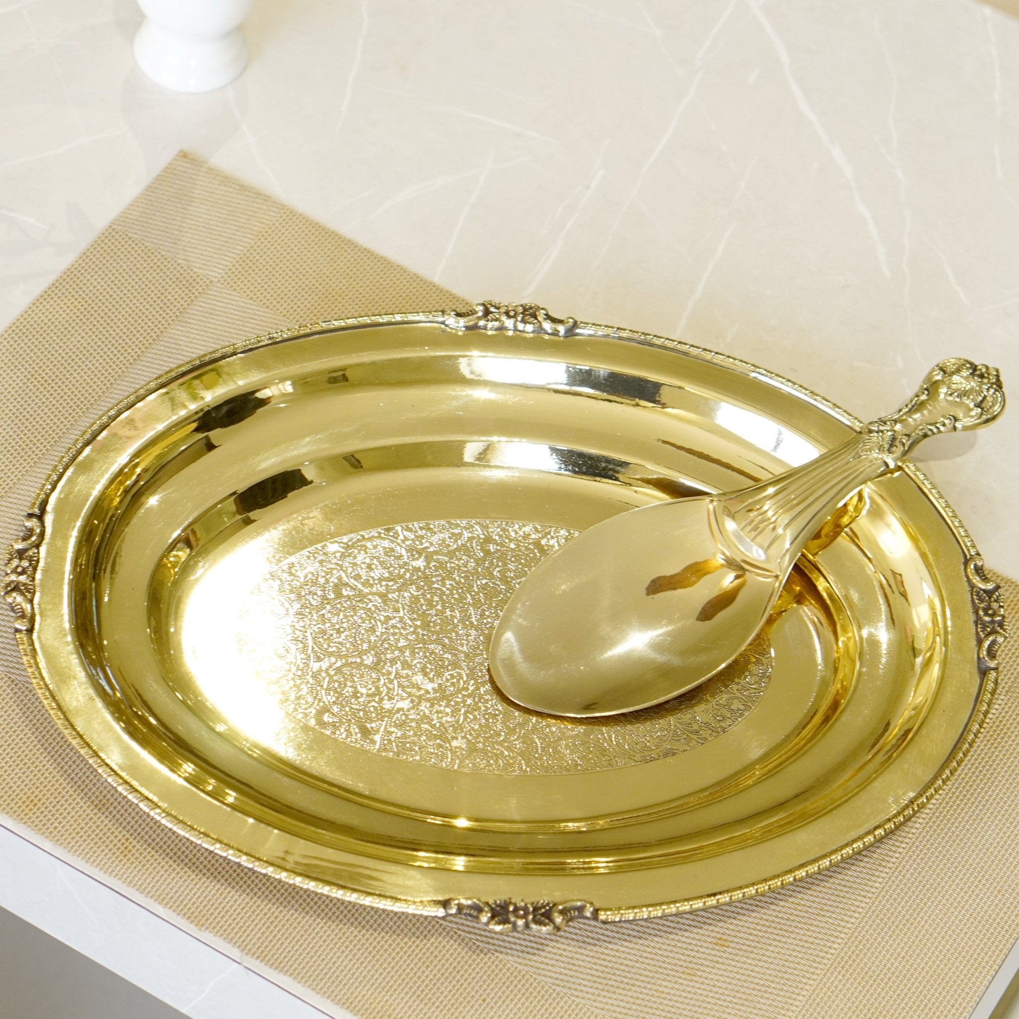 Brass Rice Plate with Rice Serving Spoon - Brass Globe -