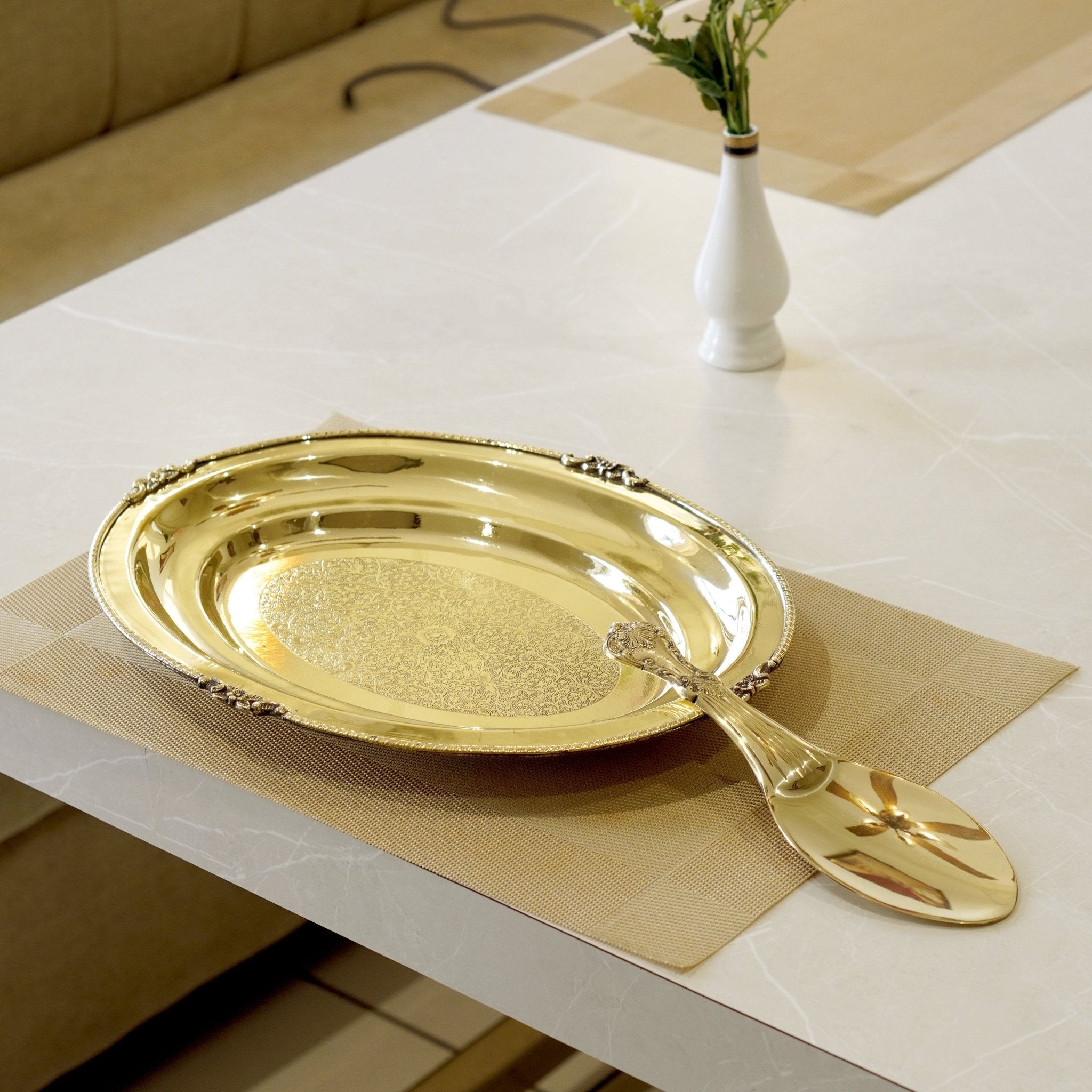 Brass Rice Plate with Rice Serving Spoon - Brass Globe -