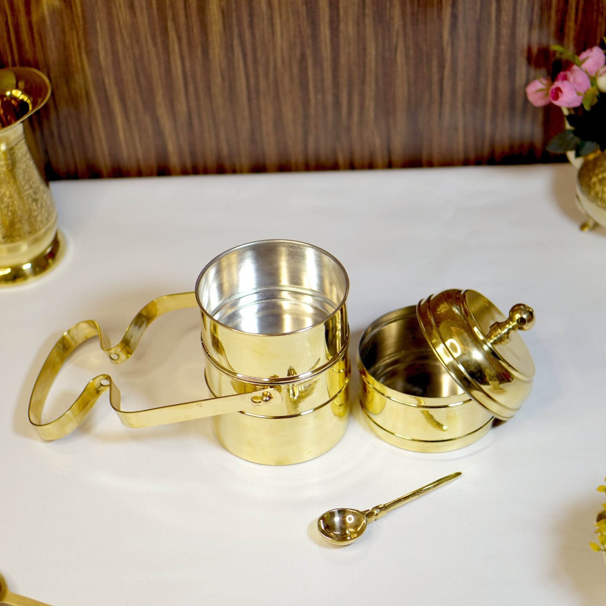 Brass Tiffin Box / Lunch Box with Tin Coating - Brass Globe -