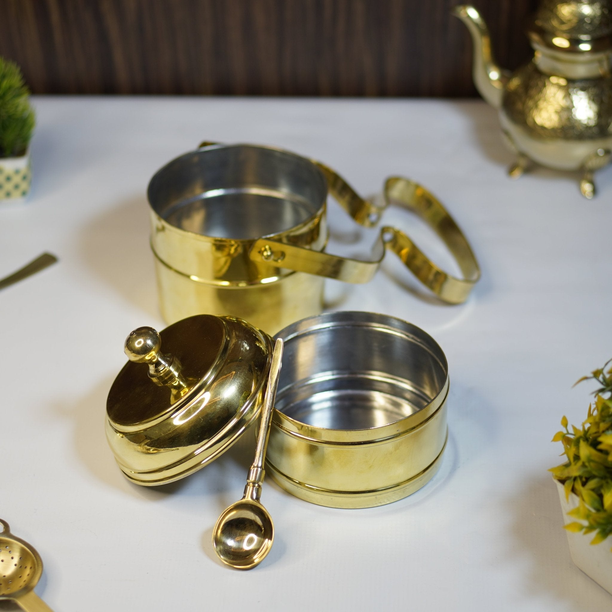 Brass Tiffin with spoon (2 compartment) - Brass Globe -