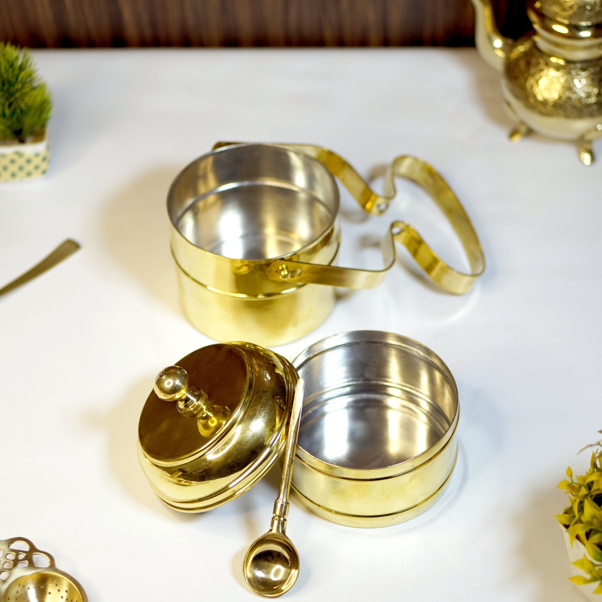 Brass Tiffin with spoon (2 compartment) - Brass Globe -