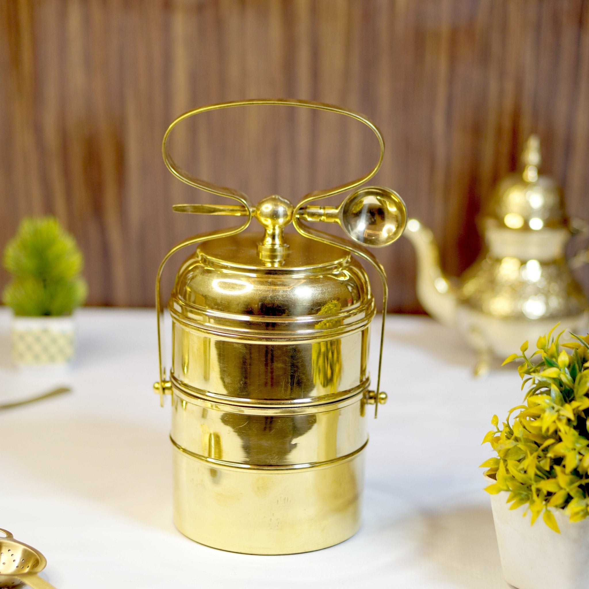 Brass Tiffin with spoon (2 compartment) - Brass Globe -
