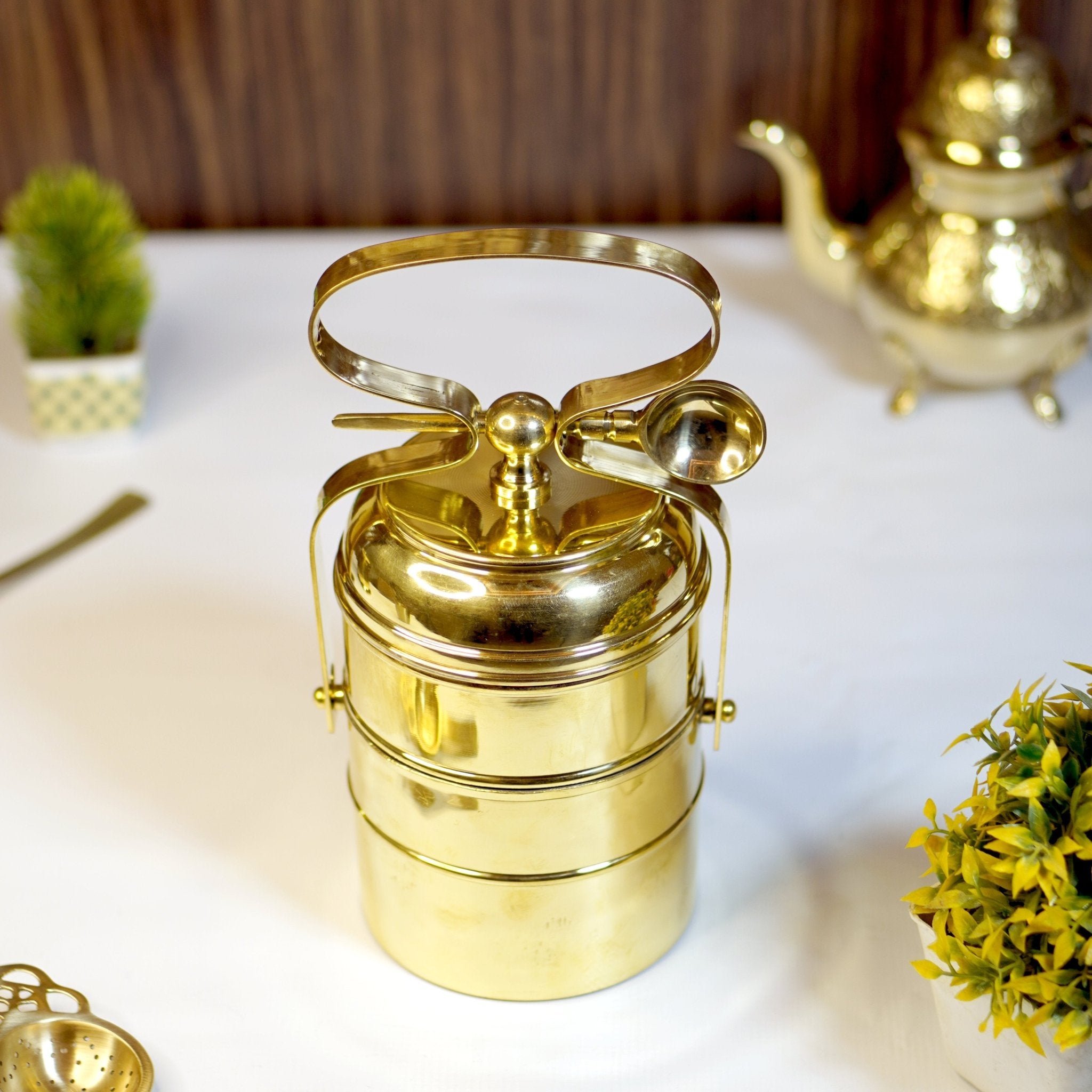 Brass Tiffin with spoon (2 compartment) - Brass Globe -