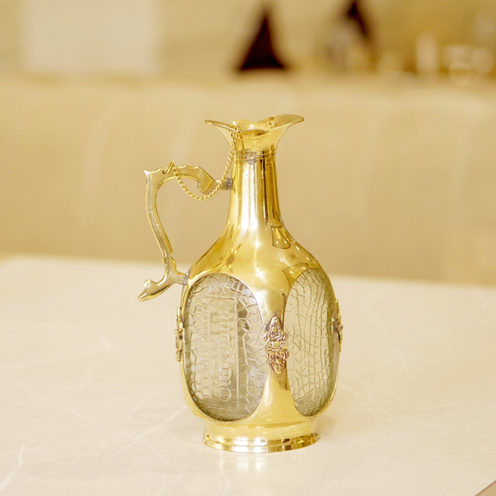Brass Water / Old Monk Glass Jug Pitcher - Brass Globe -