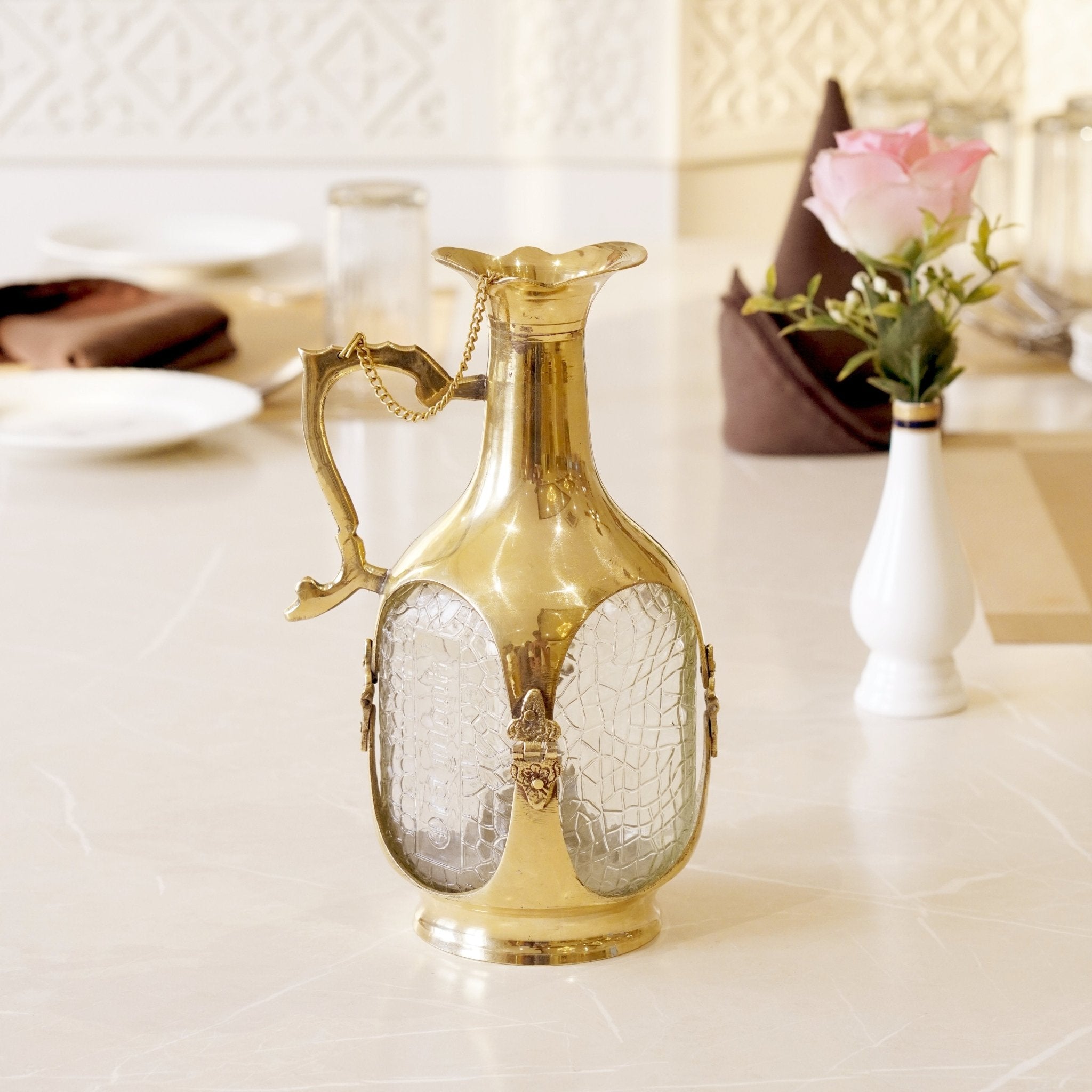 Brass Water / Old Monk Glass Jug Pitcher - Brass Globe -