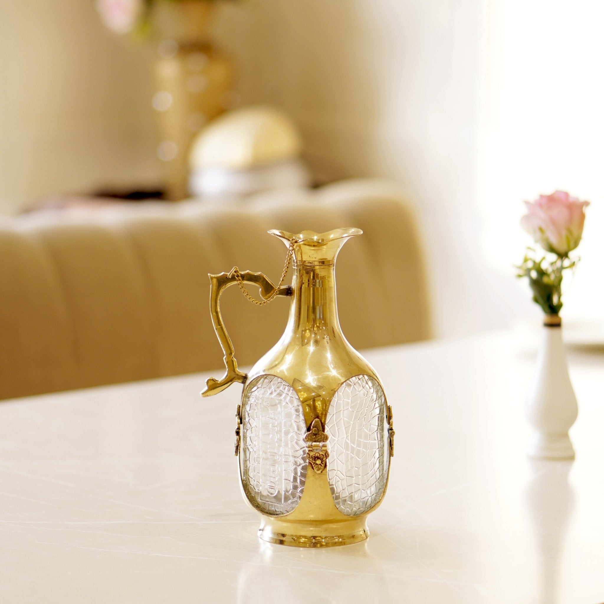 Brass Water / Old Monk Glass Jug Pitcher - Brass Globe -