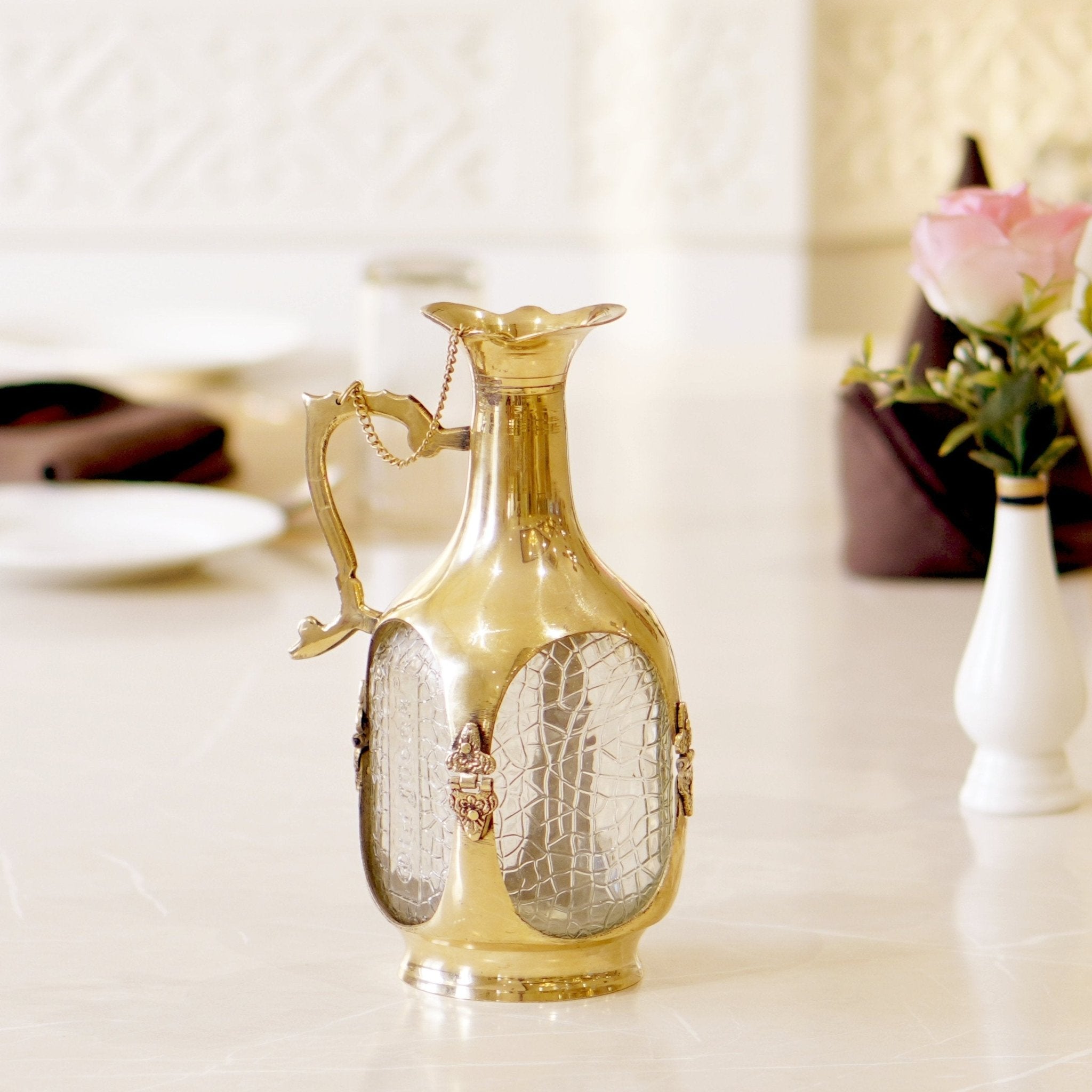 Brass Water / Old Monk Glass Jug Pitcher - Brass Globe -