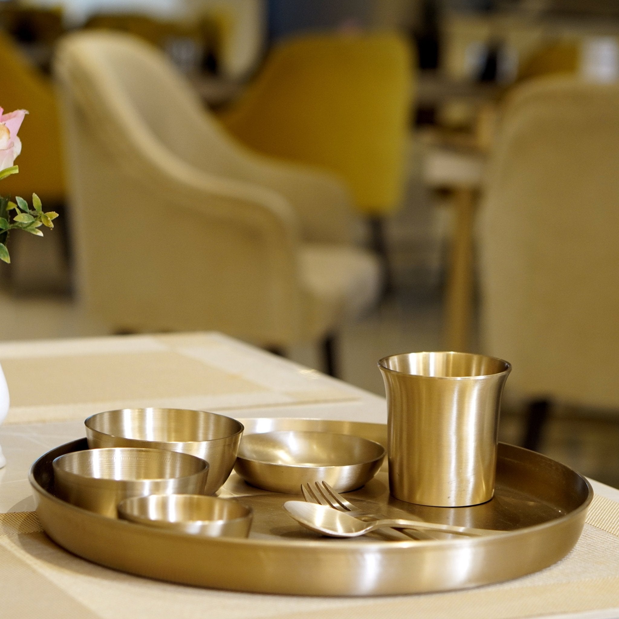 Bronze / Kansa Dinner Set With Matt Finished | Thali, Bowl, Spoon & Glass - Brass Globe -