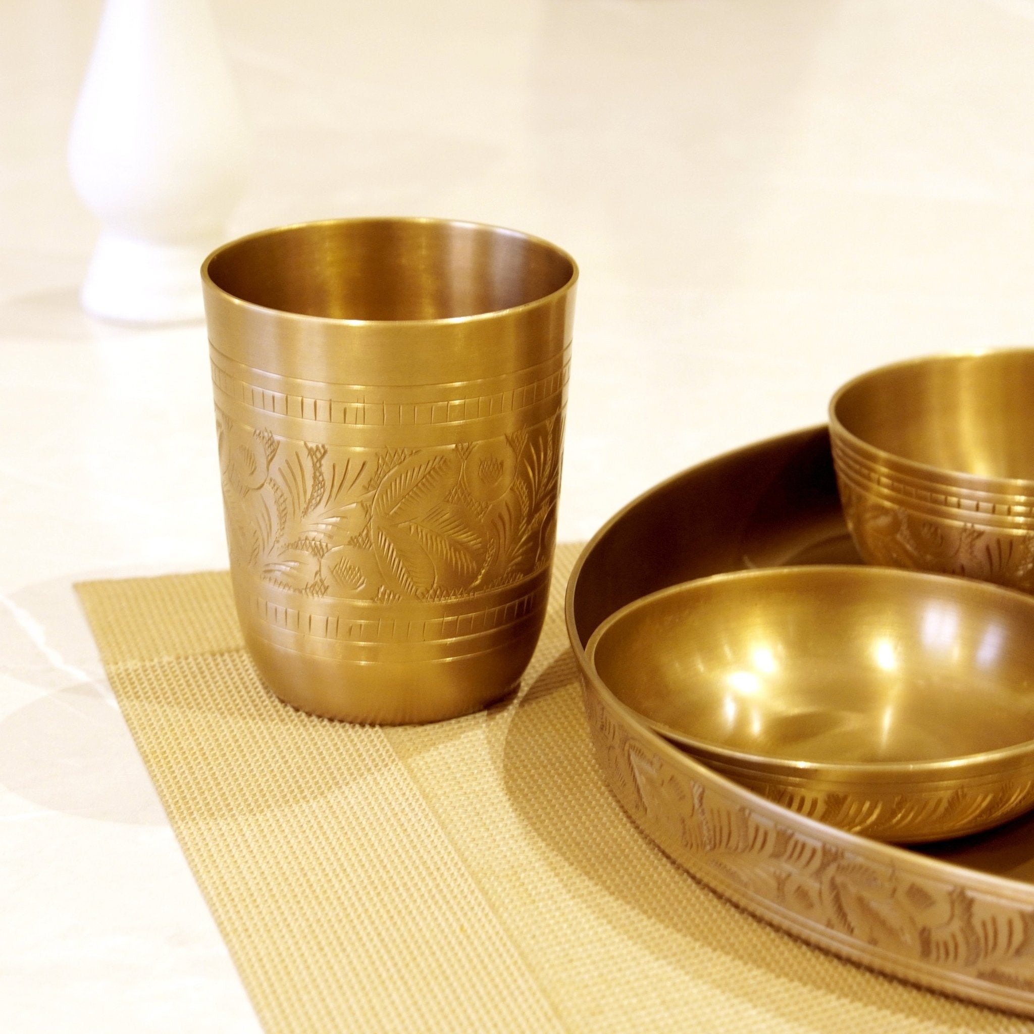 Bronze / Kansa Engraved Dinner Set Matte Finish with Velvet Box - Brass Globe -