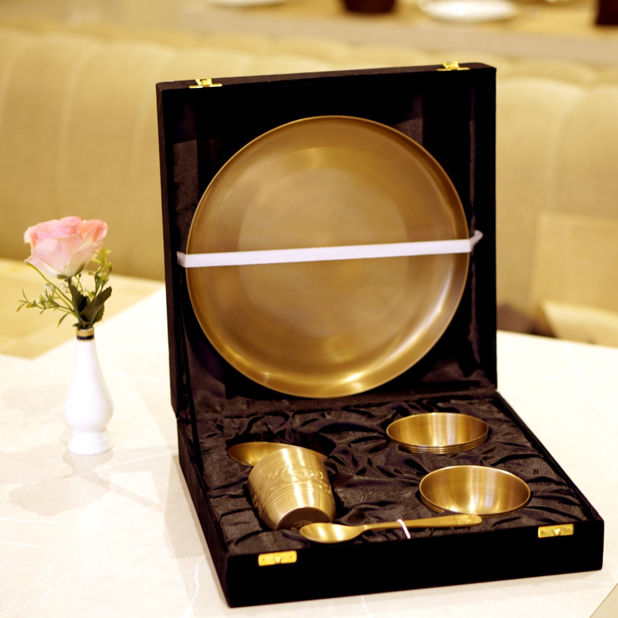 Bronze / Kansa Engraved Dinner Set Matte Finish with Velvet Box - Brass Globe -