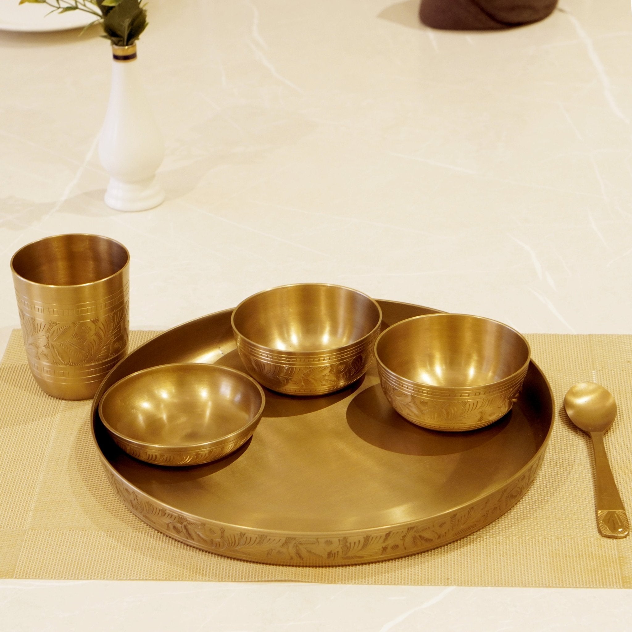 Bronze / Kansa Engraved Dinner Set Matte Finish with Velvet Box - Brass Globe -