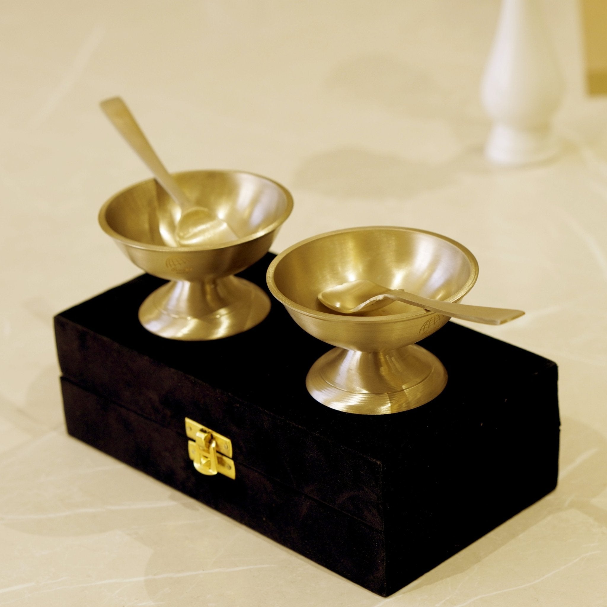 Bronze / Kansa Ice Cream Set with Velvet Box ( Set of 2 ) - Brass Globe -