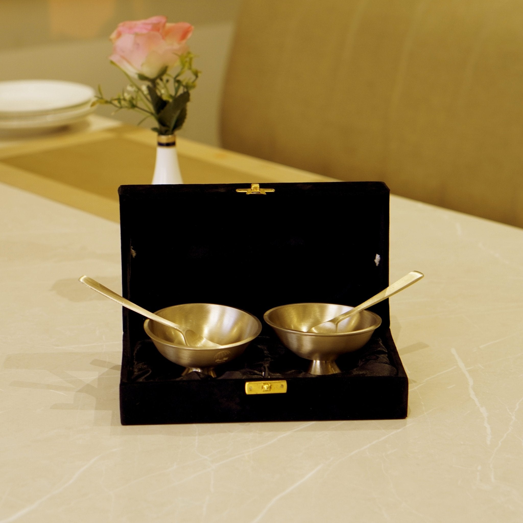 Bronze / Kansa Ice Cream Set with Velvet Box ( Set of 2 ) - Brass Globe -