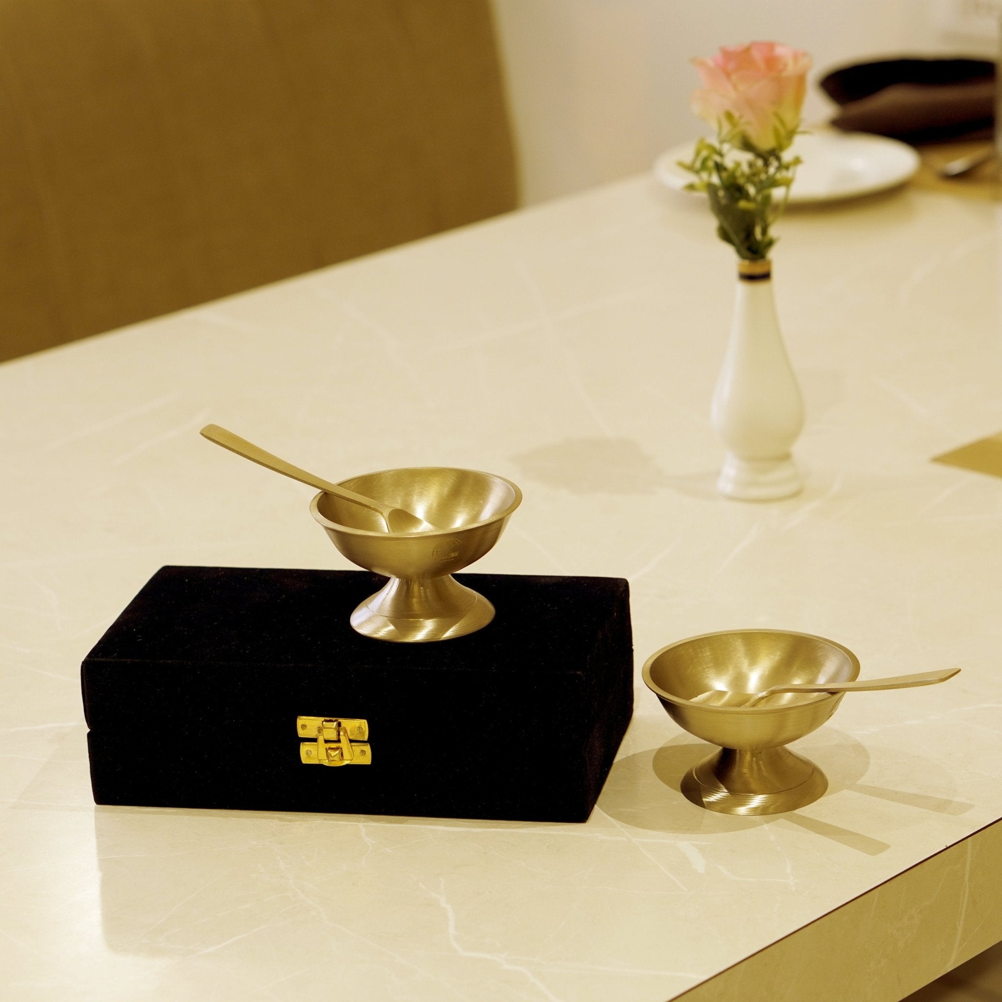 Bronze / Kansa Ice Cream Set with Velvet Box ( Set of 2 ) - Brass Globe -