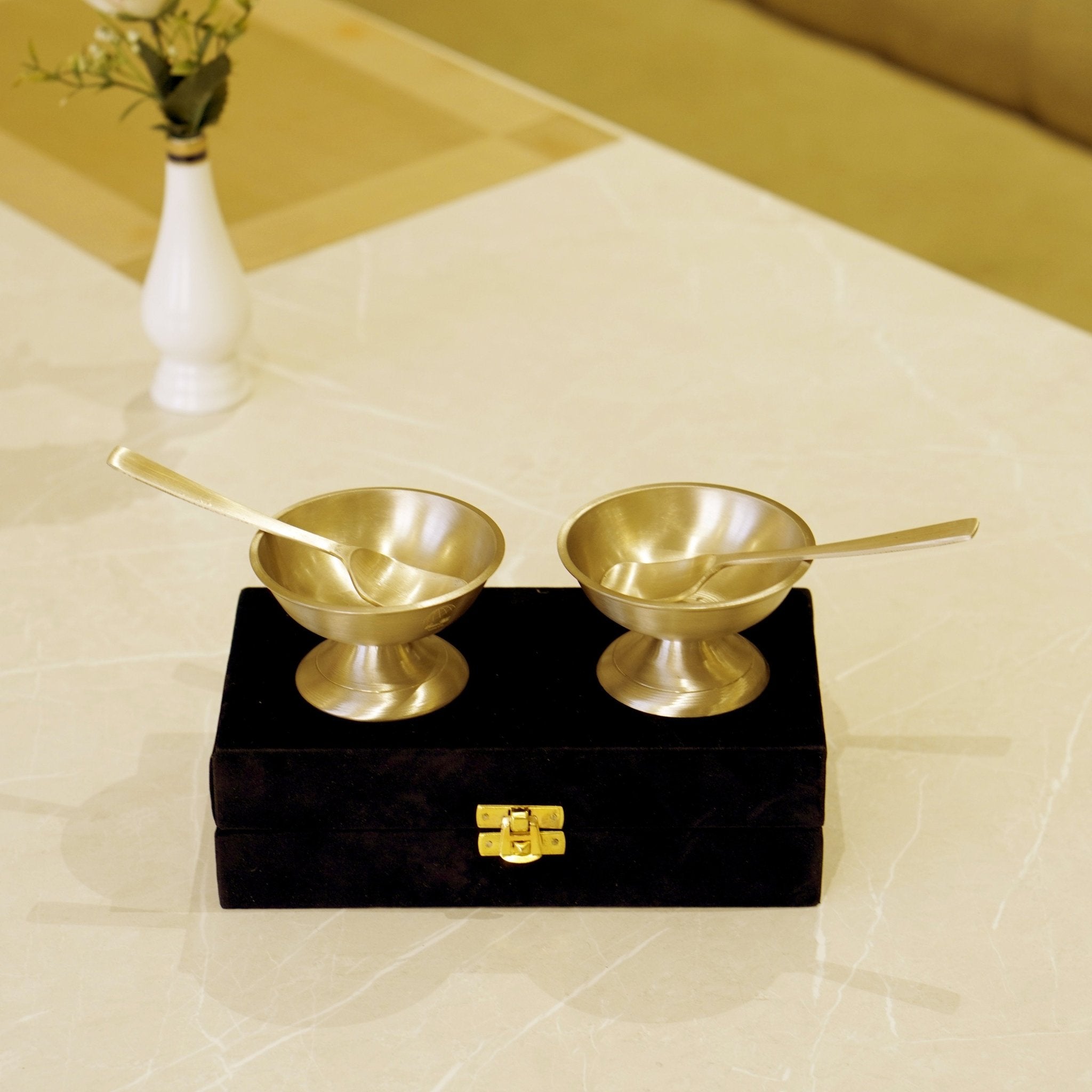 Bronze / Kansa Ice Cream Set with Velvet Box ( Set of 2 ) - Brass Globe -