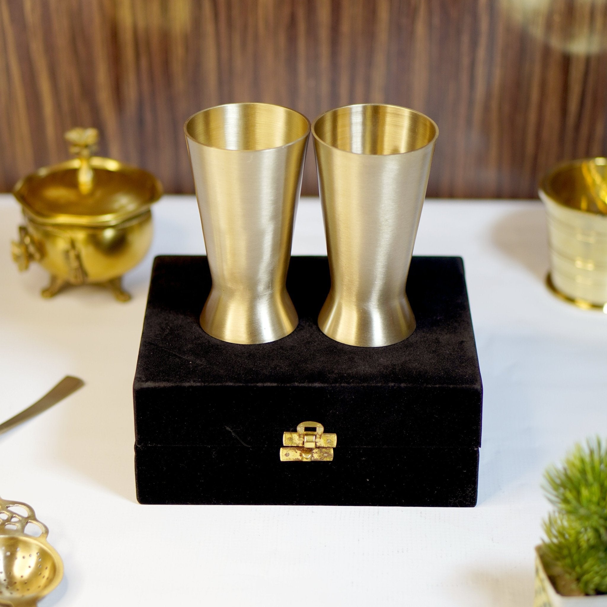 Bronze / Kansa Lassi Glass with Velvet Box ( Set of 2 ) - Brass Globe -