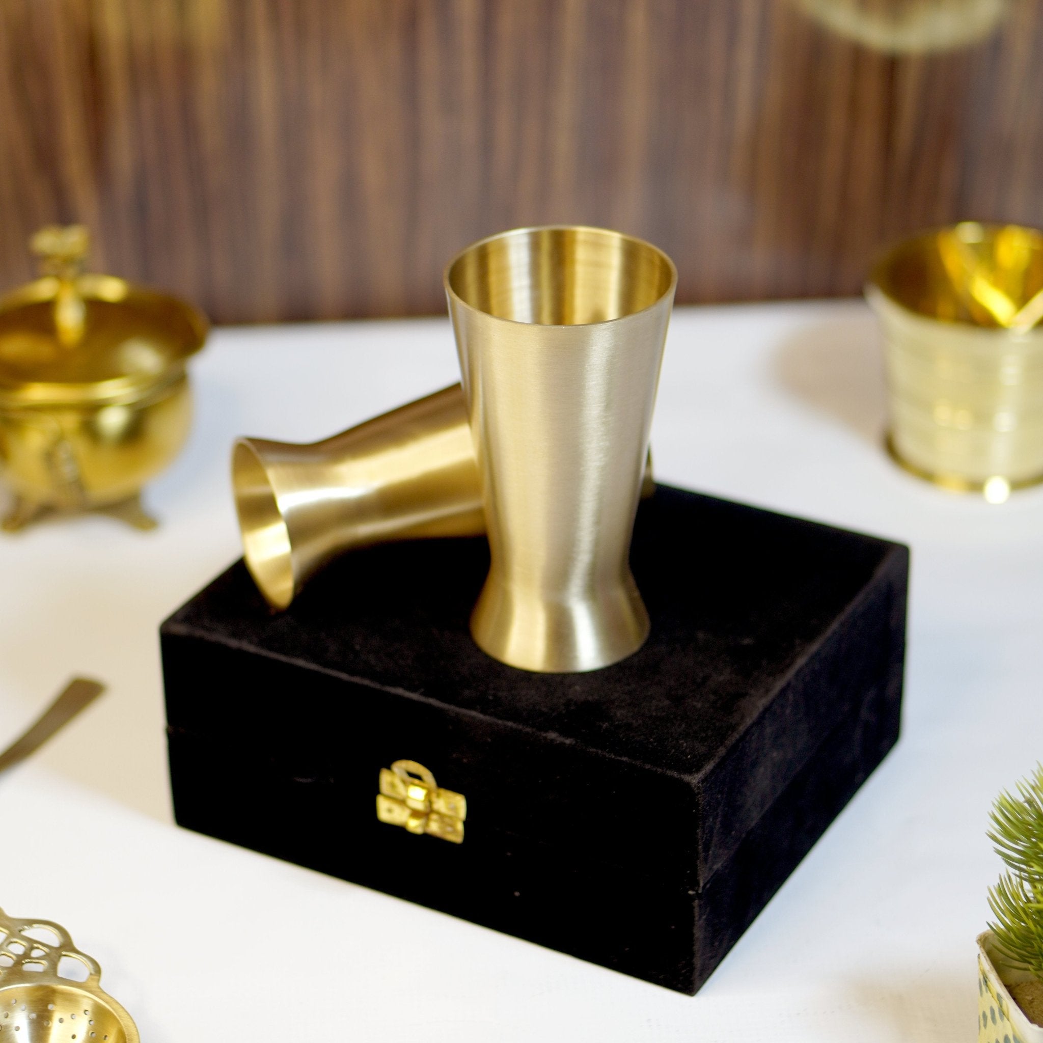 Bronze / Kansa Lassi Glass with Velvet Box ( Set of 2 ) - Brass Globe -