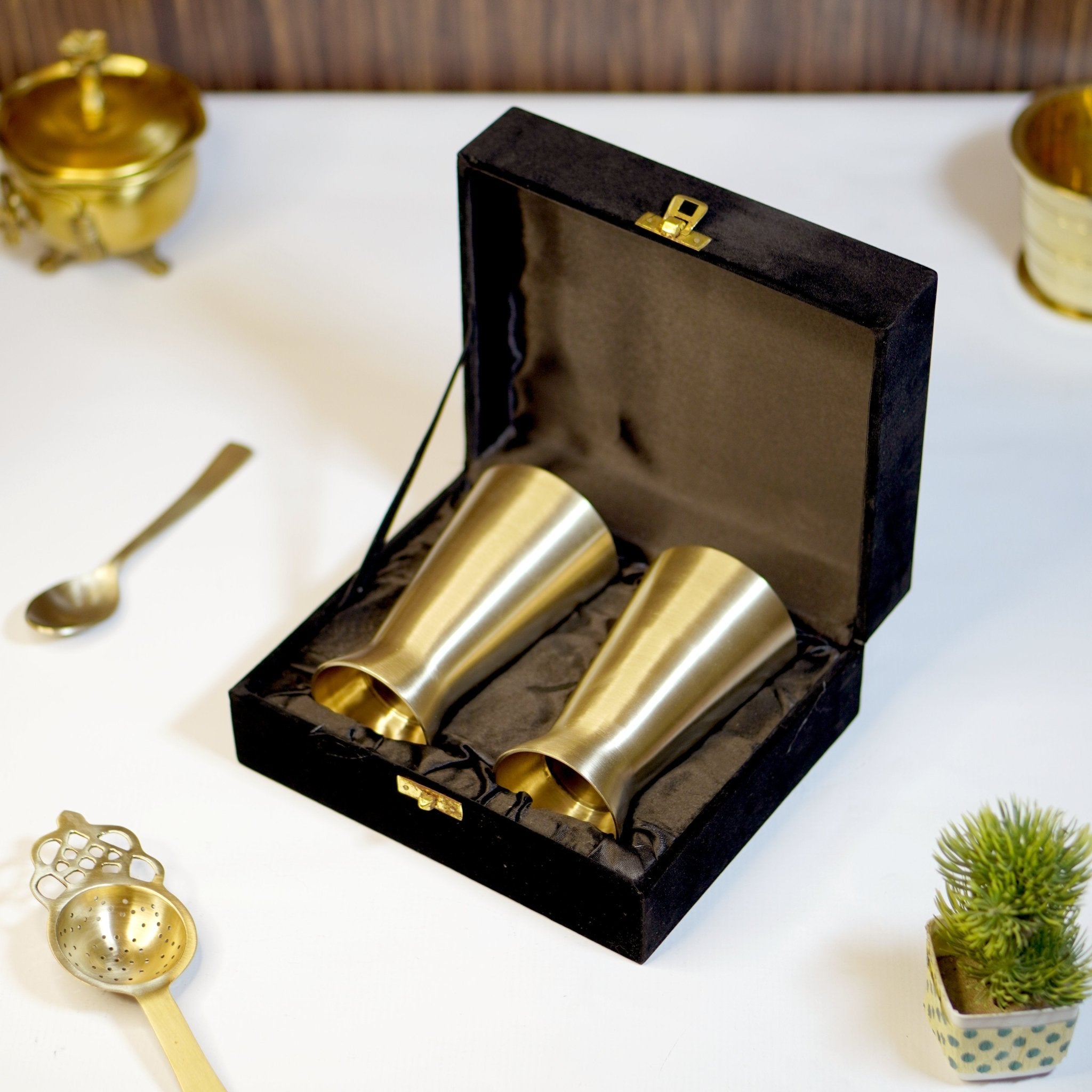 Bronze / Kansa Lassi Glass with Velvet Box ( Set of 2 ) - Brass Globe -