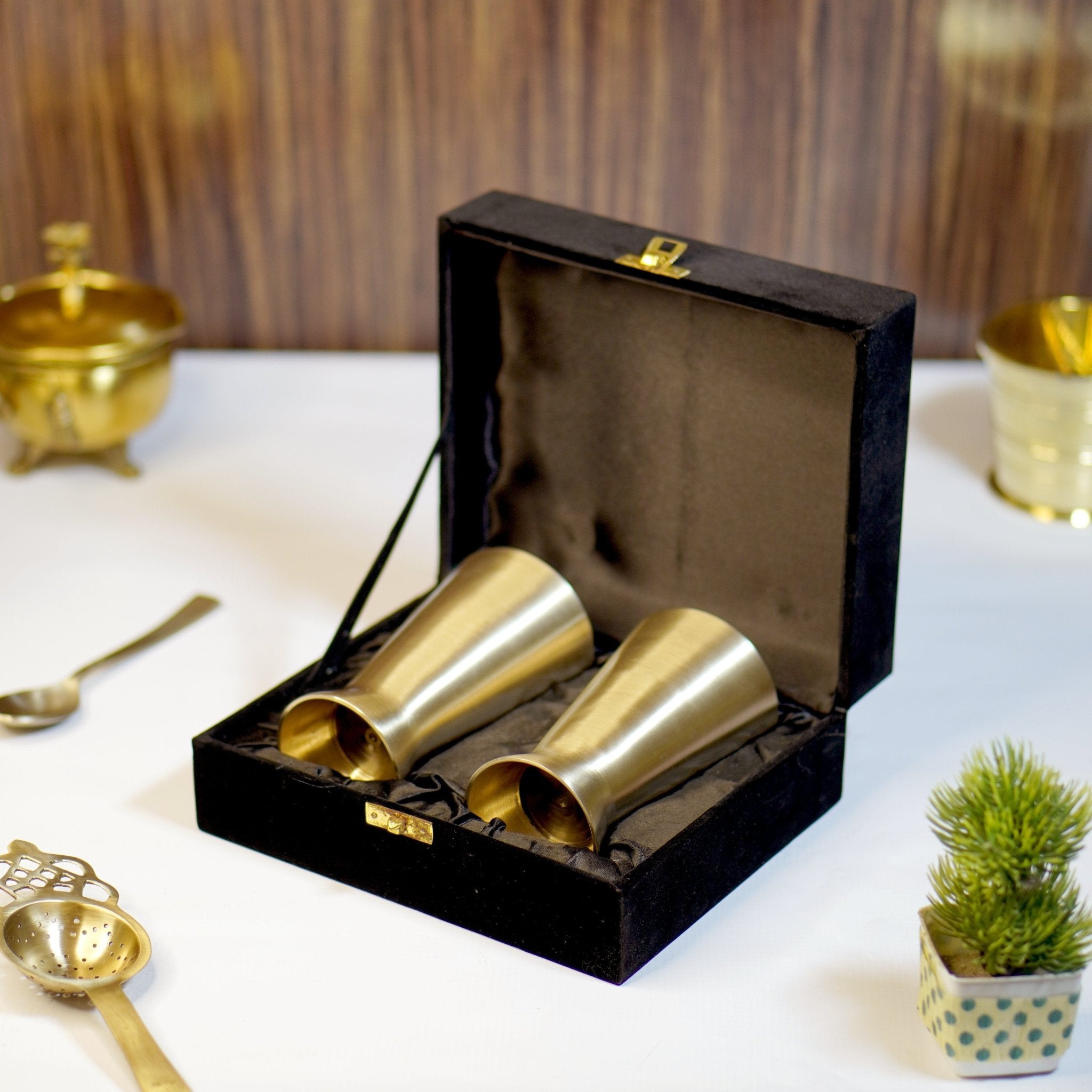 Bronze / Kansa Lassi Glass with Velvet Box ( Set of 2 ) - Brass Globe -